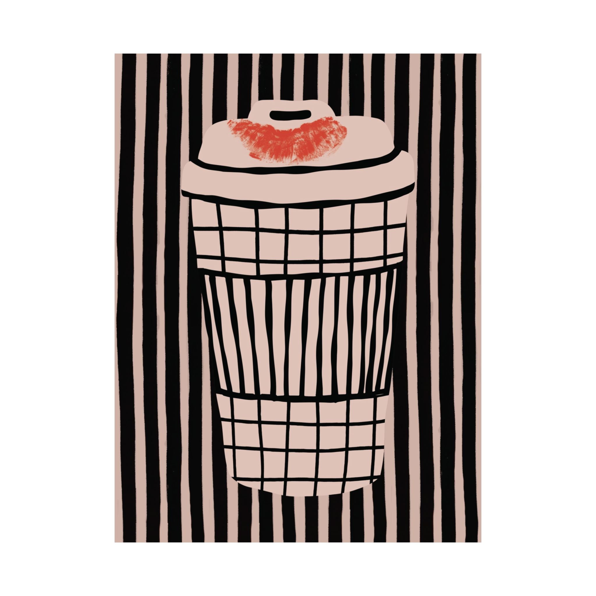 Abstract Coffee Takeaway Cup With Red Lipstick Kiss Stamp Poster, Mixed Patterns Print