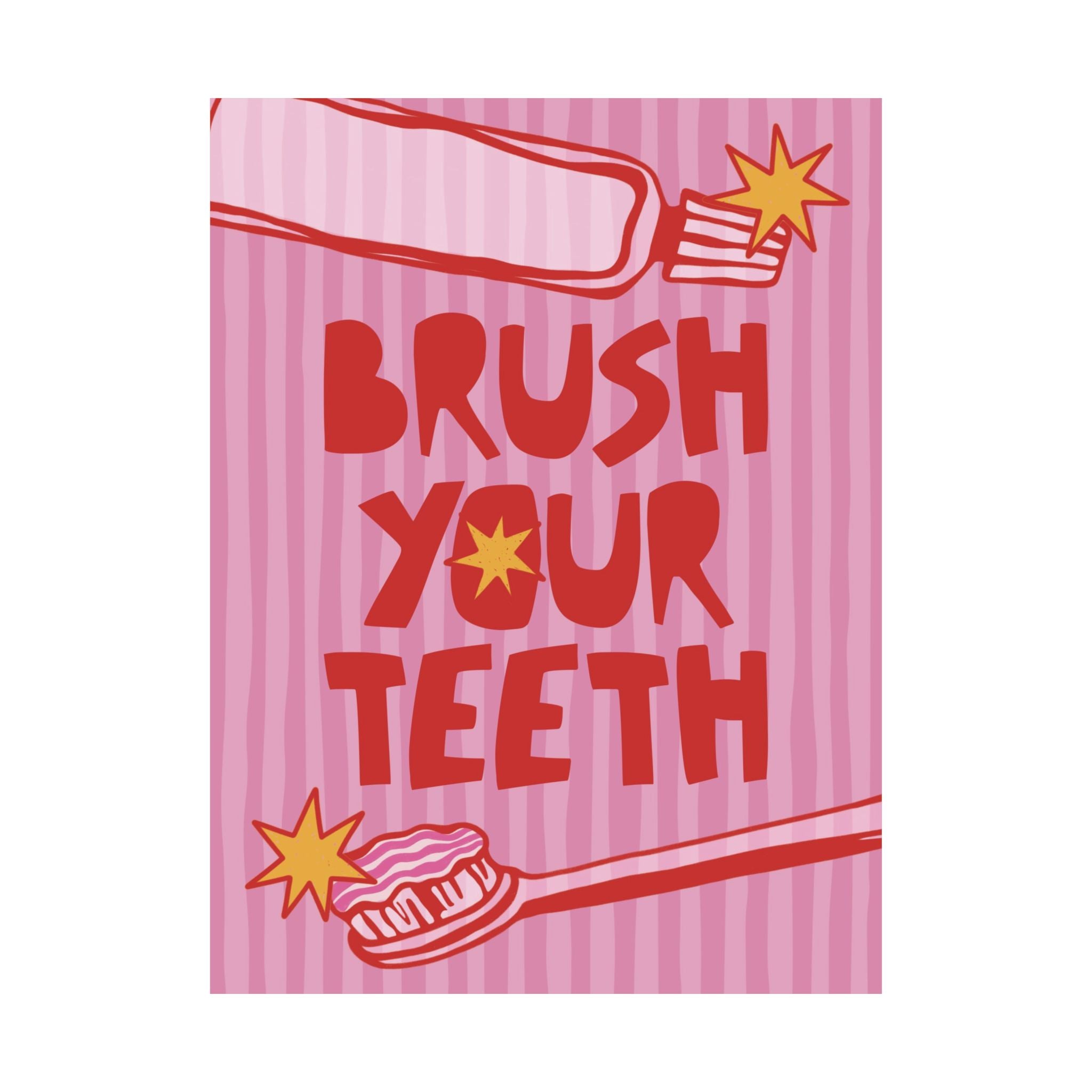 Eclectic Brush Your Teeth Poster, Red, Pink Bathroom Bold Wall Art Print