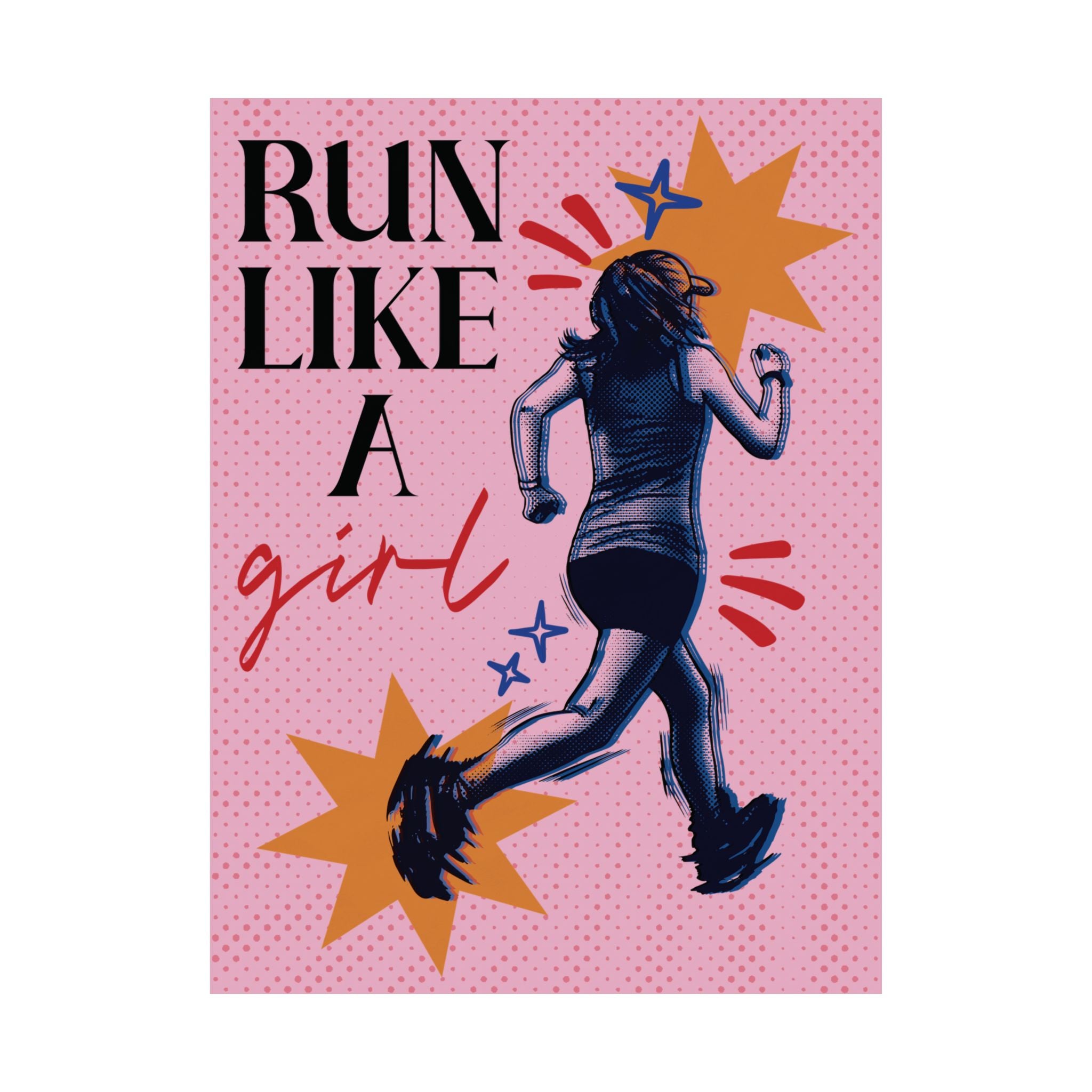 Halftone Run Like A Girl Poster, Black, Pink Eclectic, Feminist Wall Art Print
