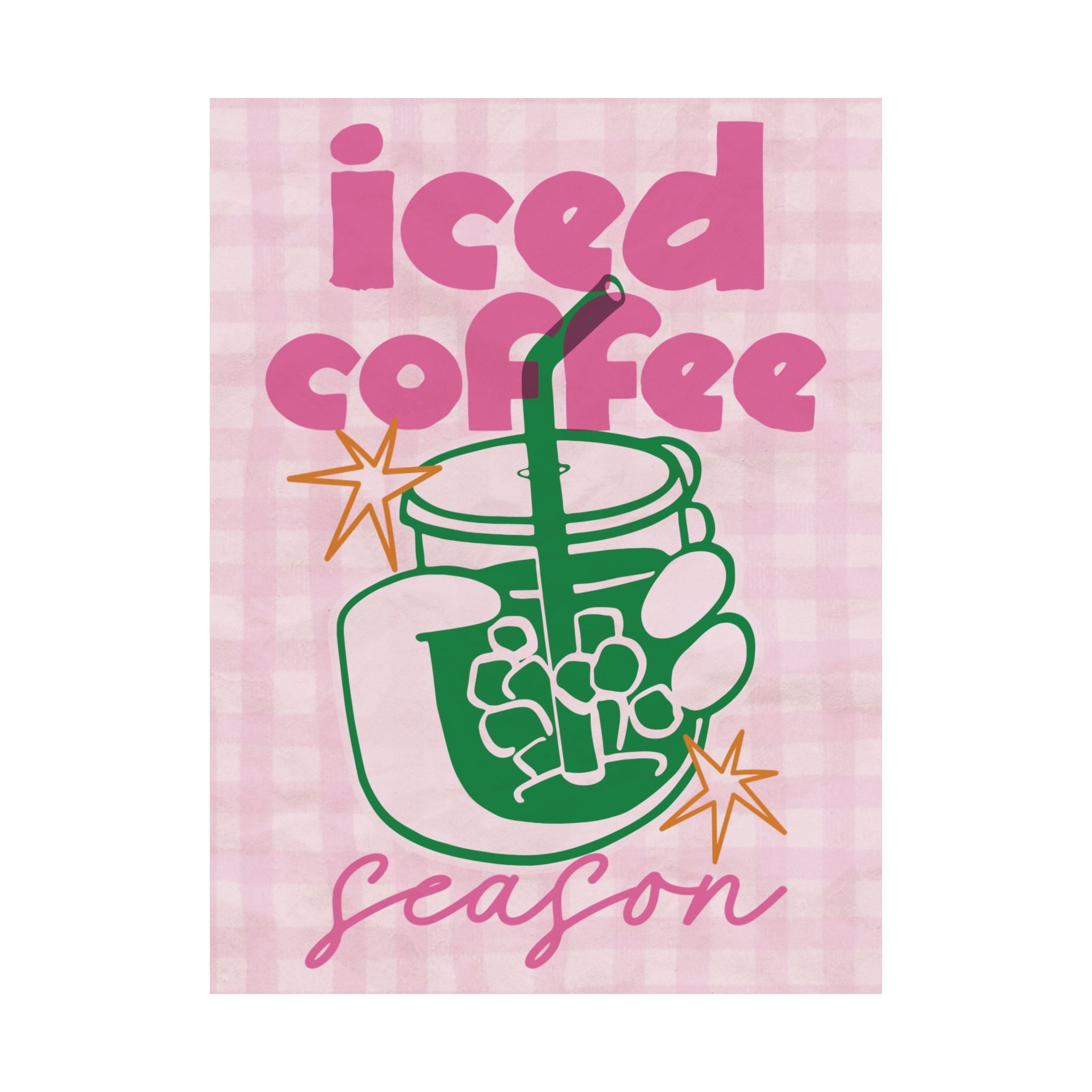 Iced Coffee Season Poster, Eclectic Pink, Green Coffeebar Corner Print