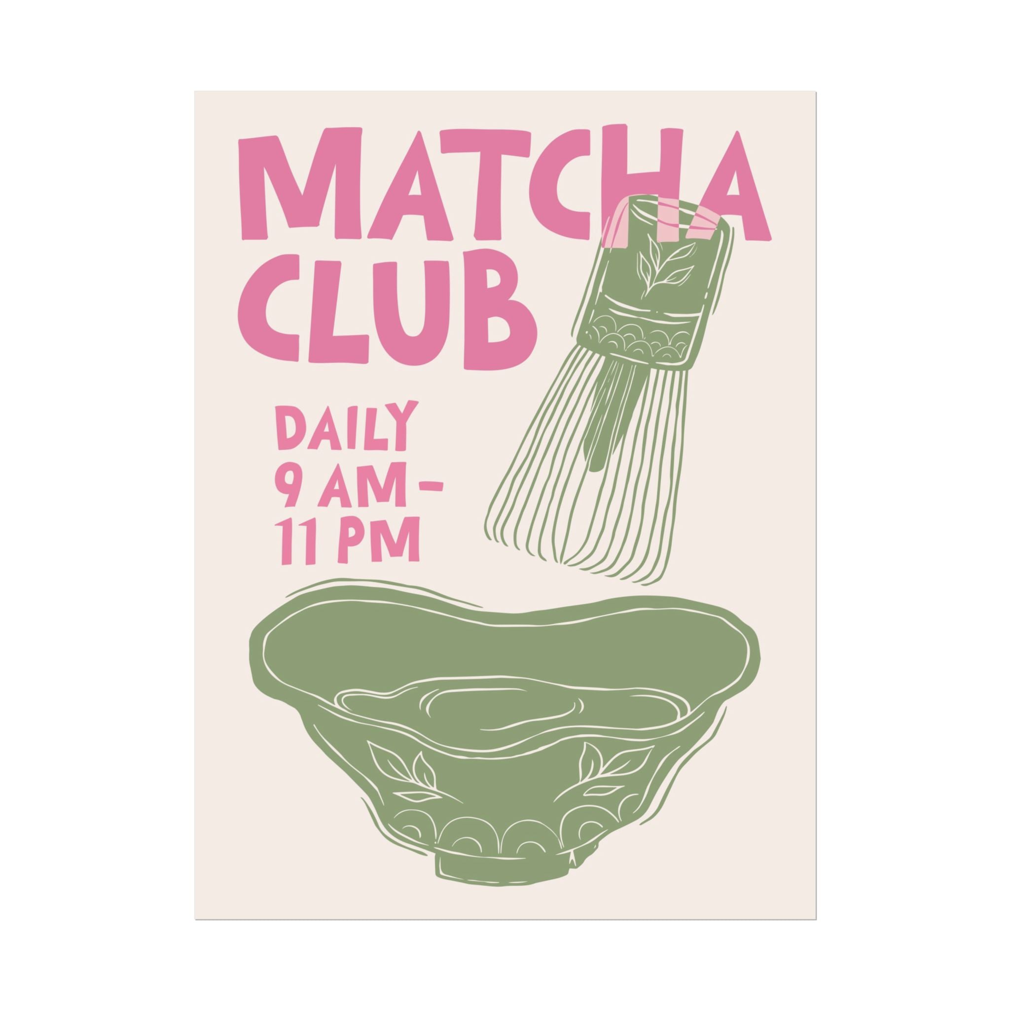 Abstract Matcha Club Pink Green Poster, Coffee Kit Whisk & Bowl Wall Print