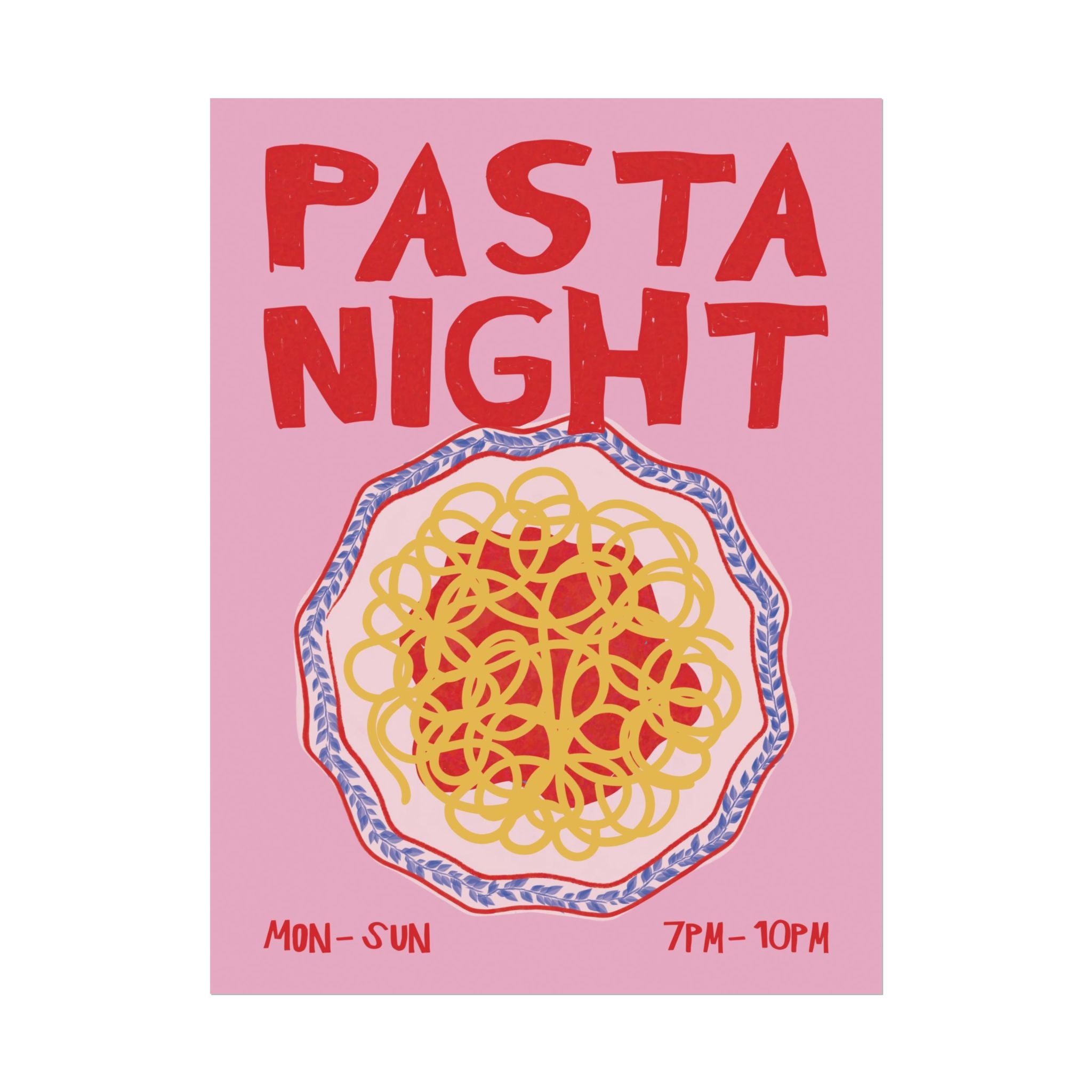 Retro Pasta Night Illustration Poster, Girl Dinner, Italian Food Wall Art Print