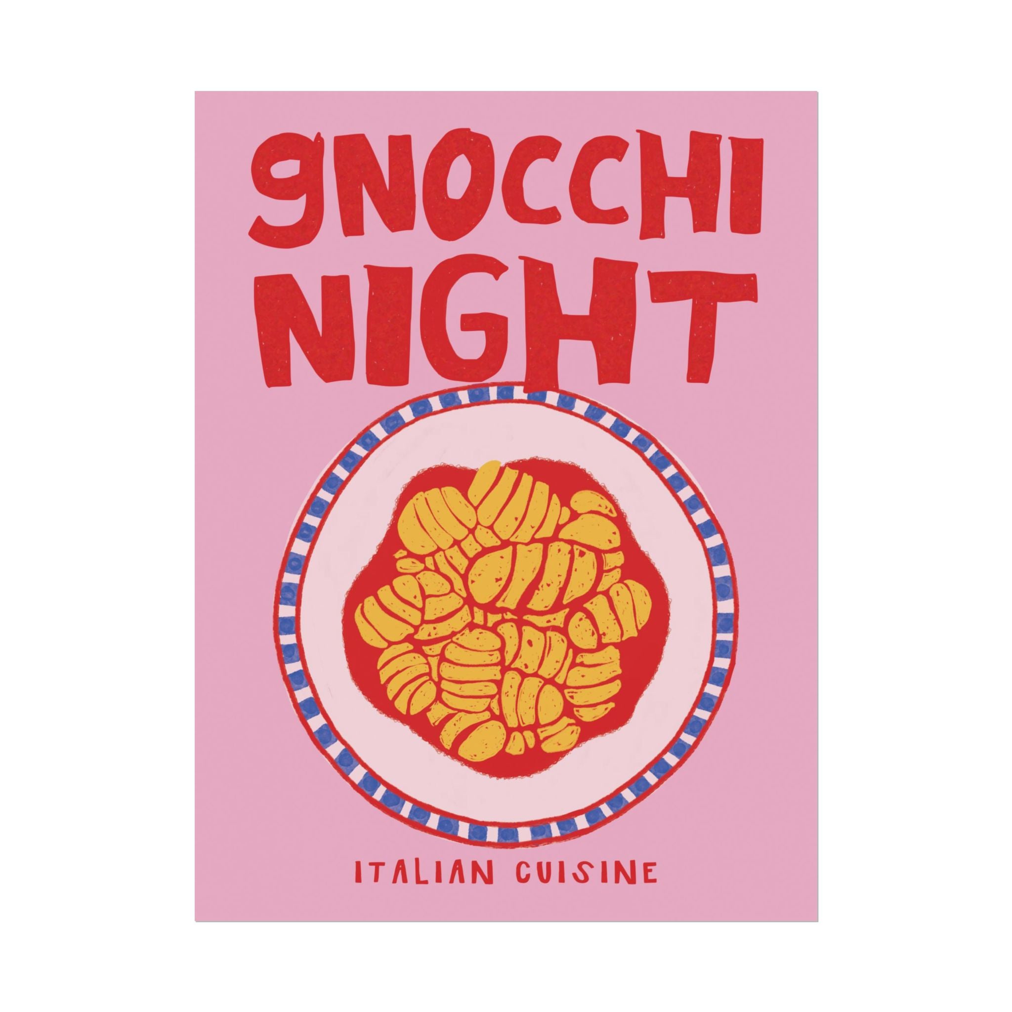 Retro Gnocchi Night Illustration Poster, Girl Dinner Pink & Red Wall Print
