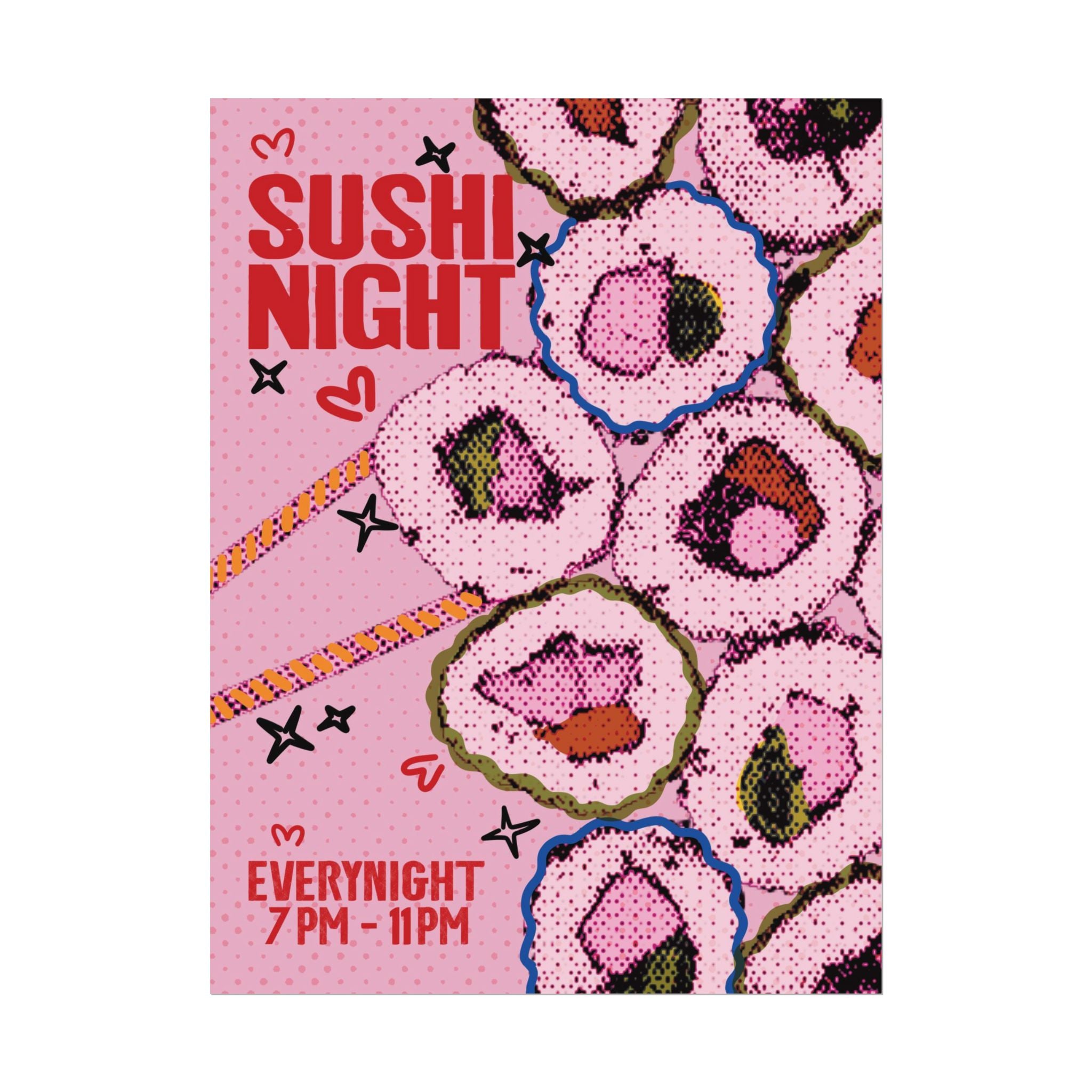 Halftone Sushi Night Poster, Vintage, Retro Food Wall Art Print