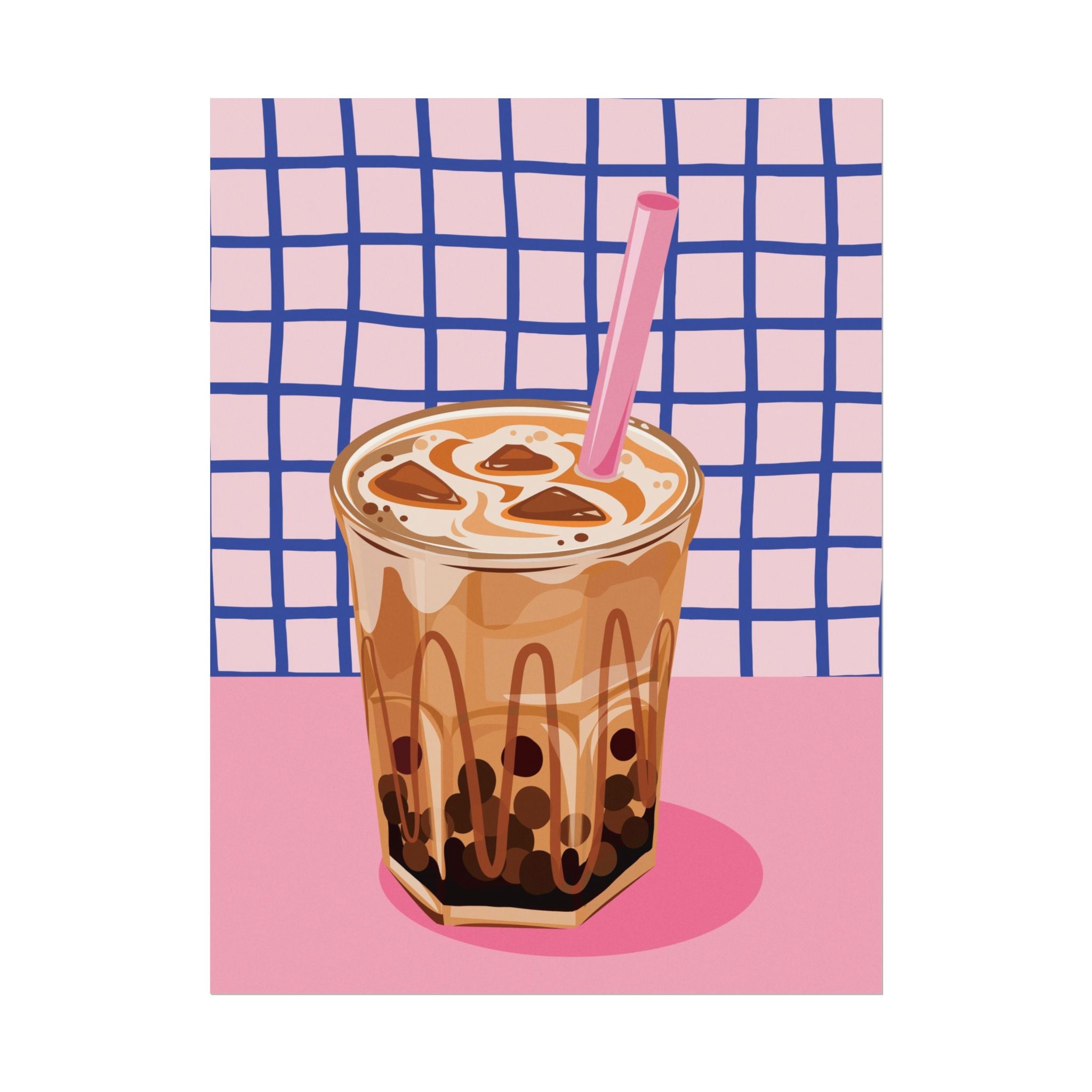 Eclectic Brown Sugar Boba Tea Poster, Retro Pink & Blue Coffee Wall Poster