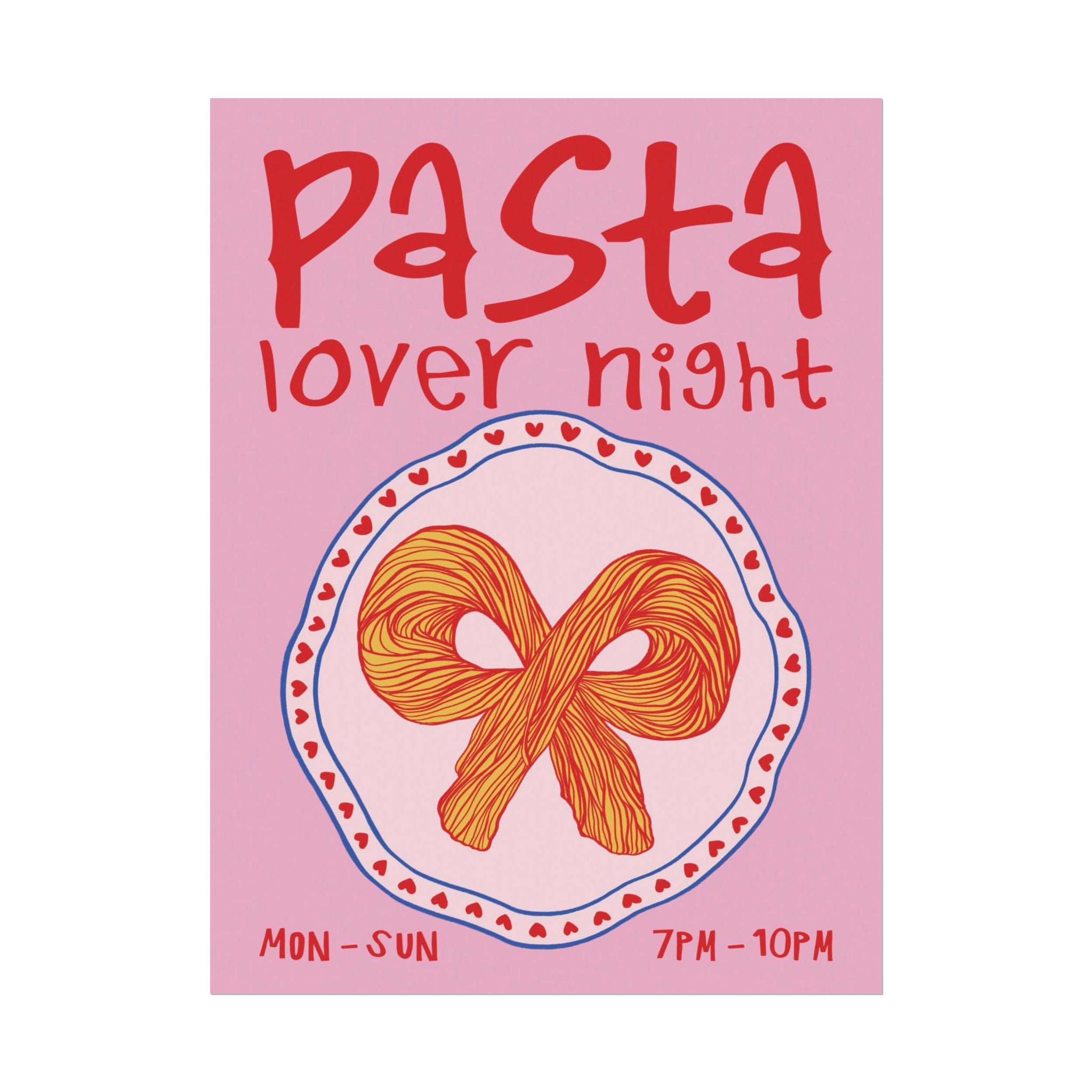 Retro Coquette Pasta Night Illustration Poster, Girl Dinner Bow Wall Print