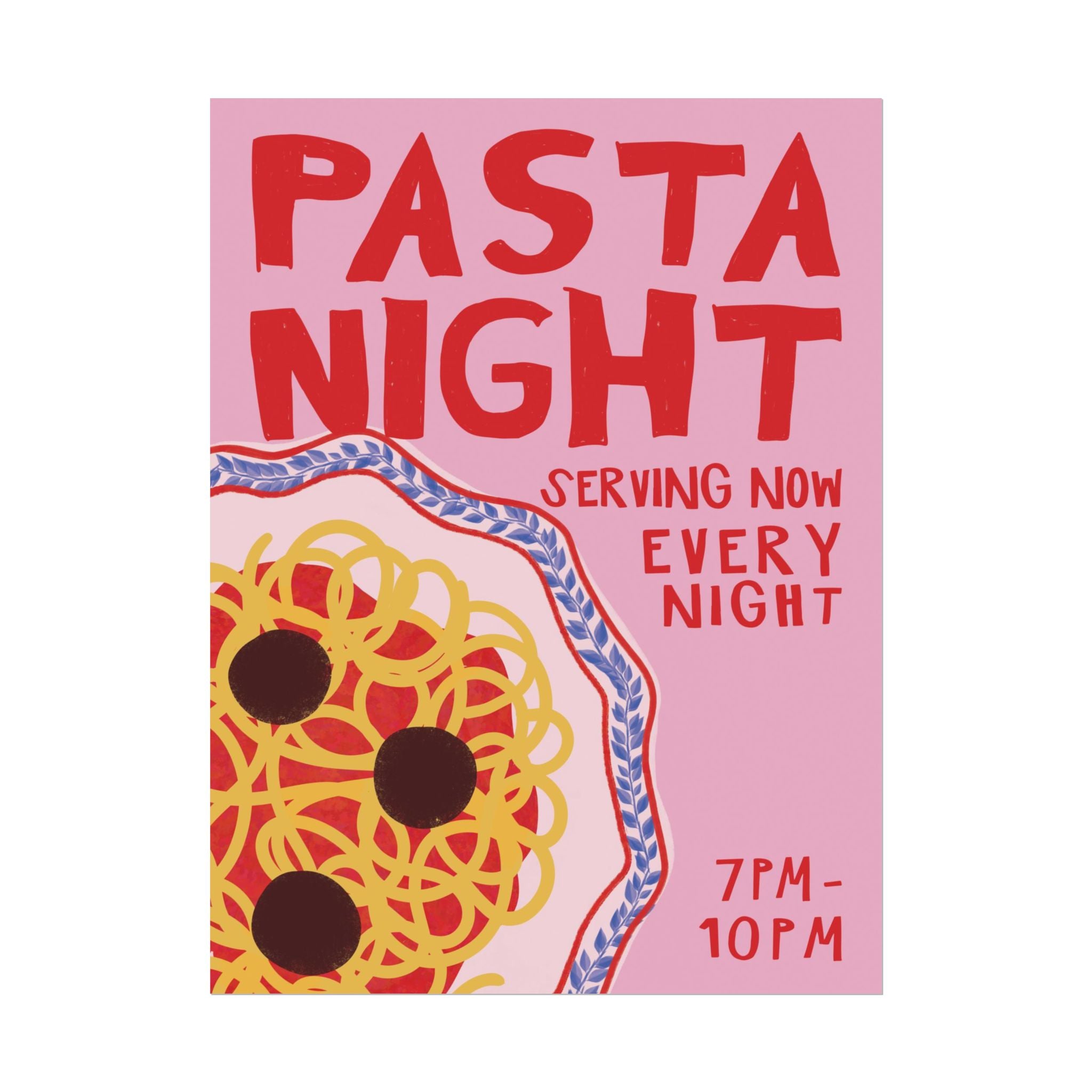 Retro Close-Up of Pasta Plate Night Illustration Poster, Girl Dinner Wall Print