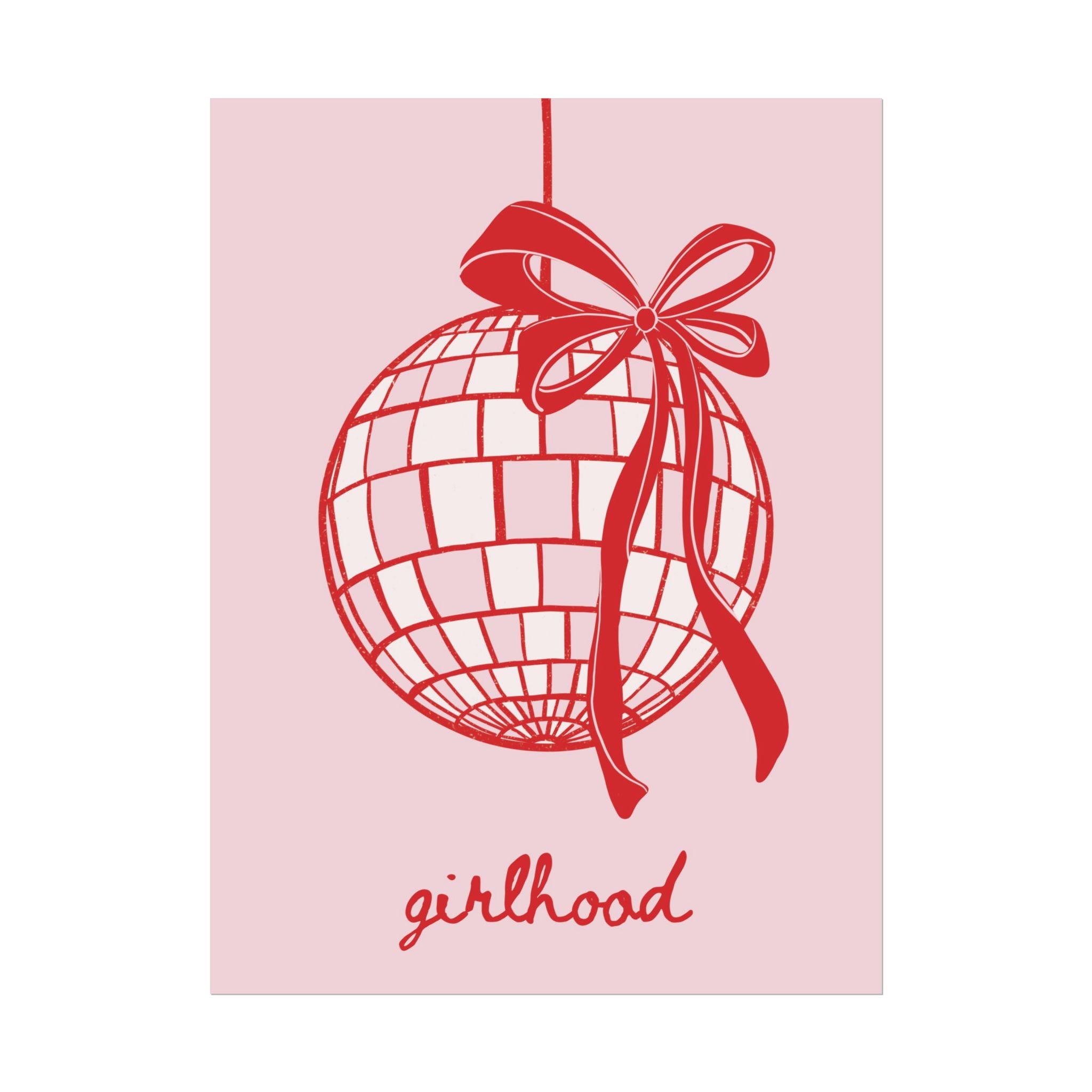 Coquette Girlhood Disco Ball & Bow Poster, Preppy Doodle Art Print