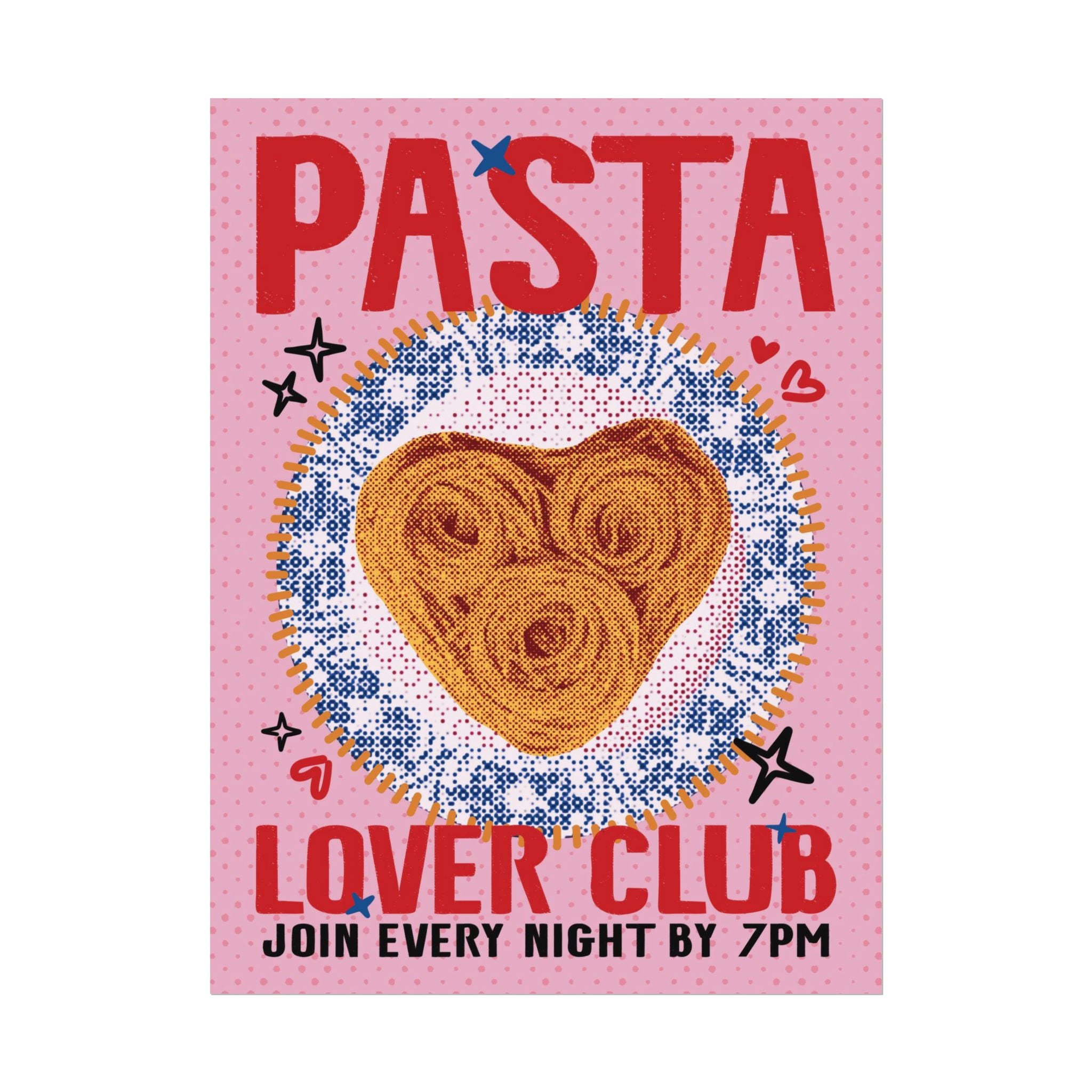 Halftone Pasta Lover Club Poster, Heart Retro Spaghetti Wall Art Print