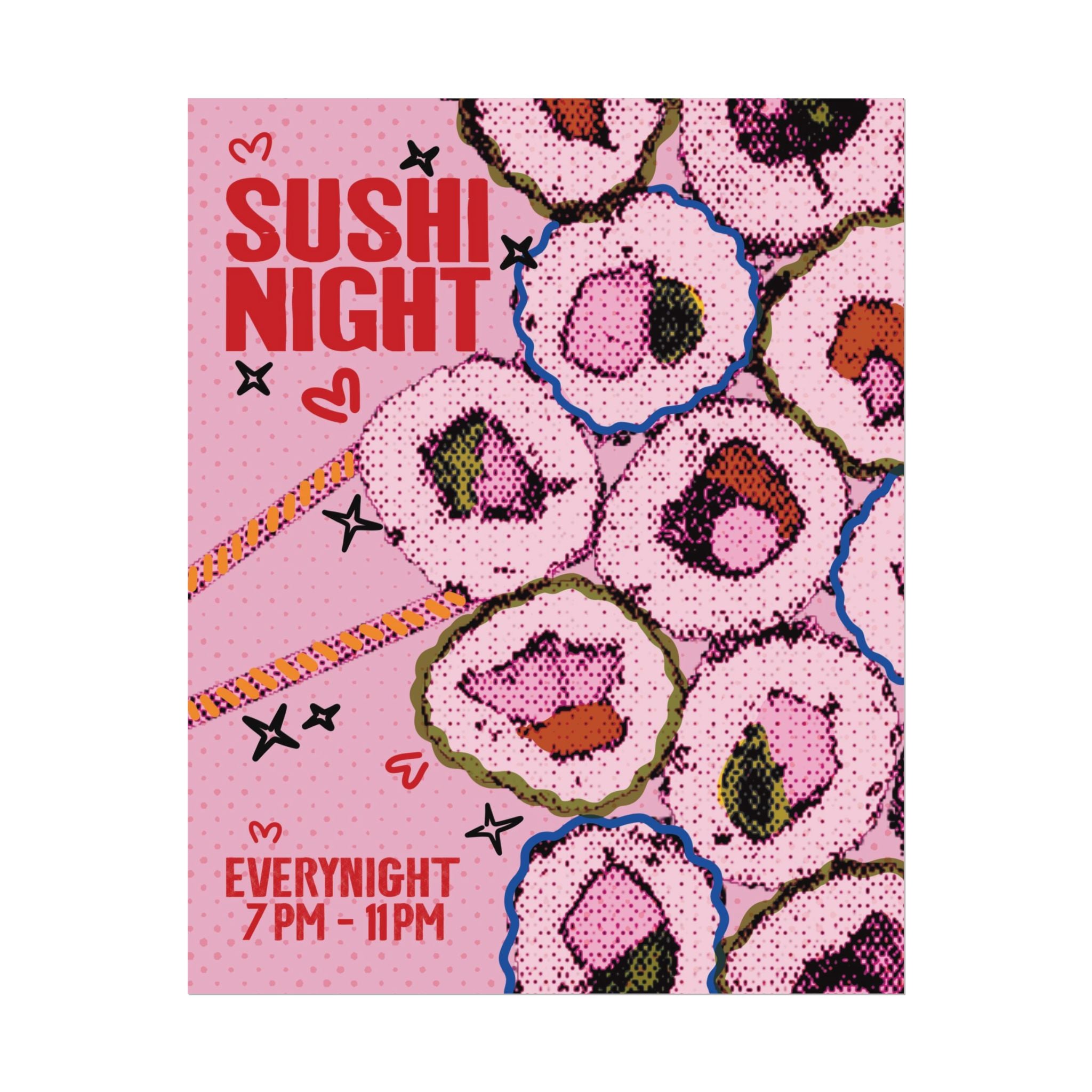 Halftone Sushi Night Poster, Vintage, Retro Food Wall Art Print