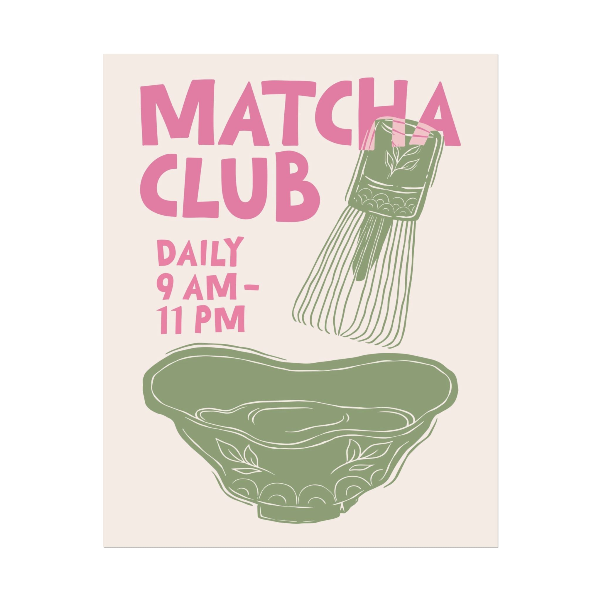 Abstract Matcha Club Pink Green Poster, Coffee Kit Whisk & Bowl Wall Print