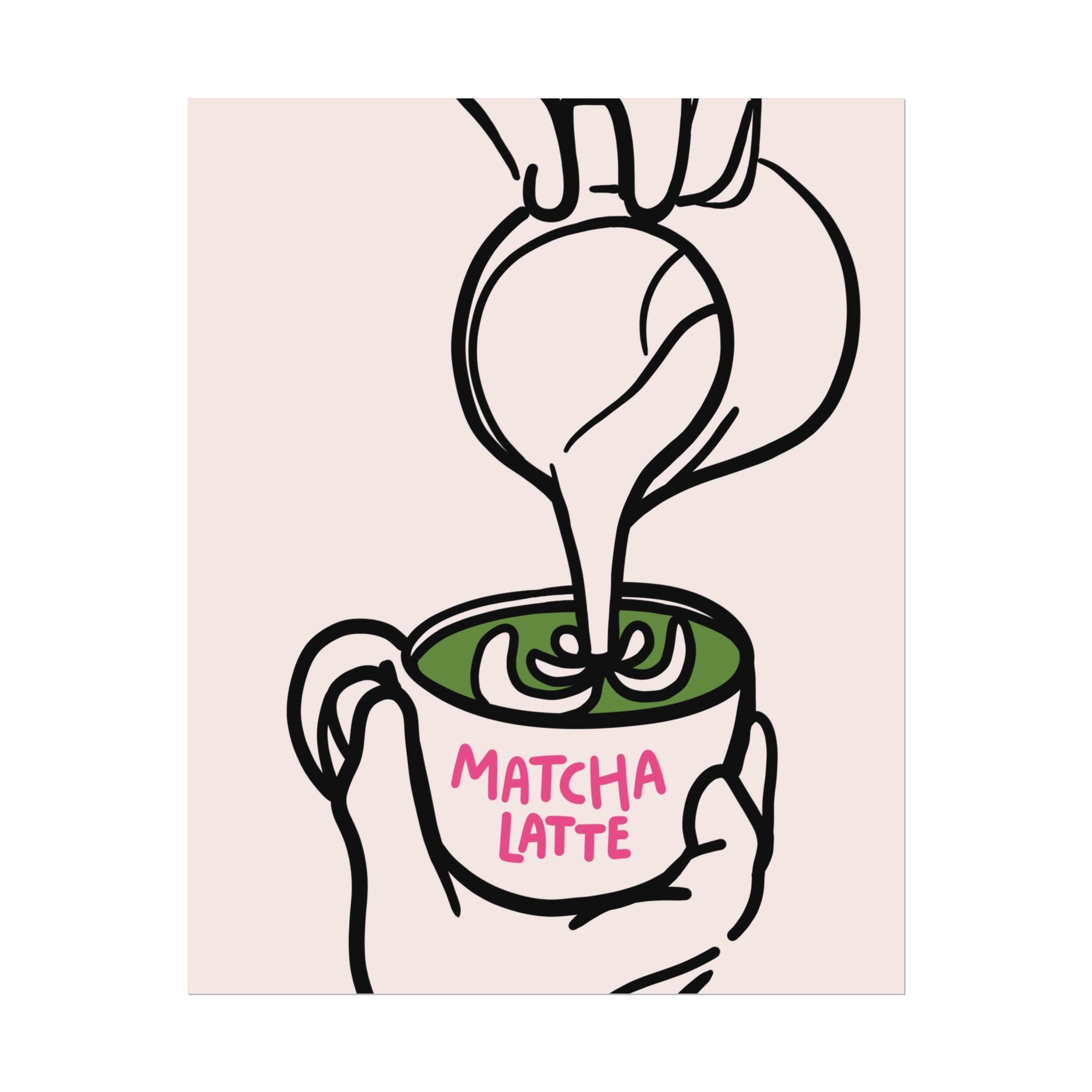 Funky Matcha Latte Poster, Coffee Barista Pink Green Wall Print