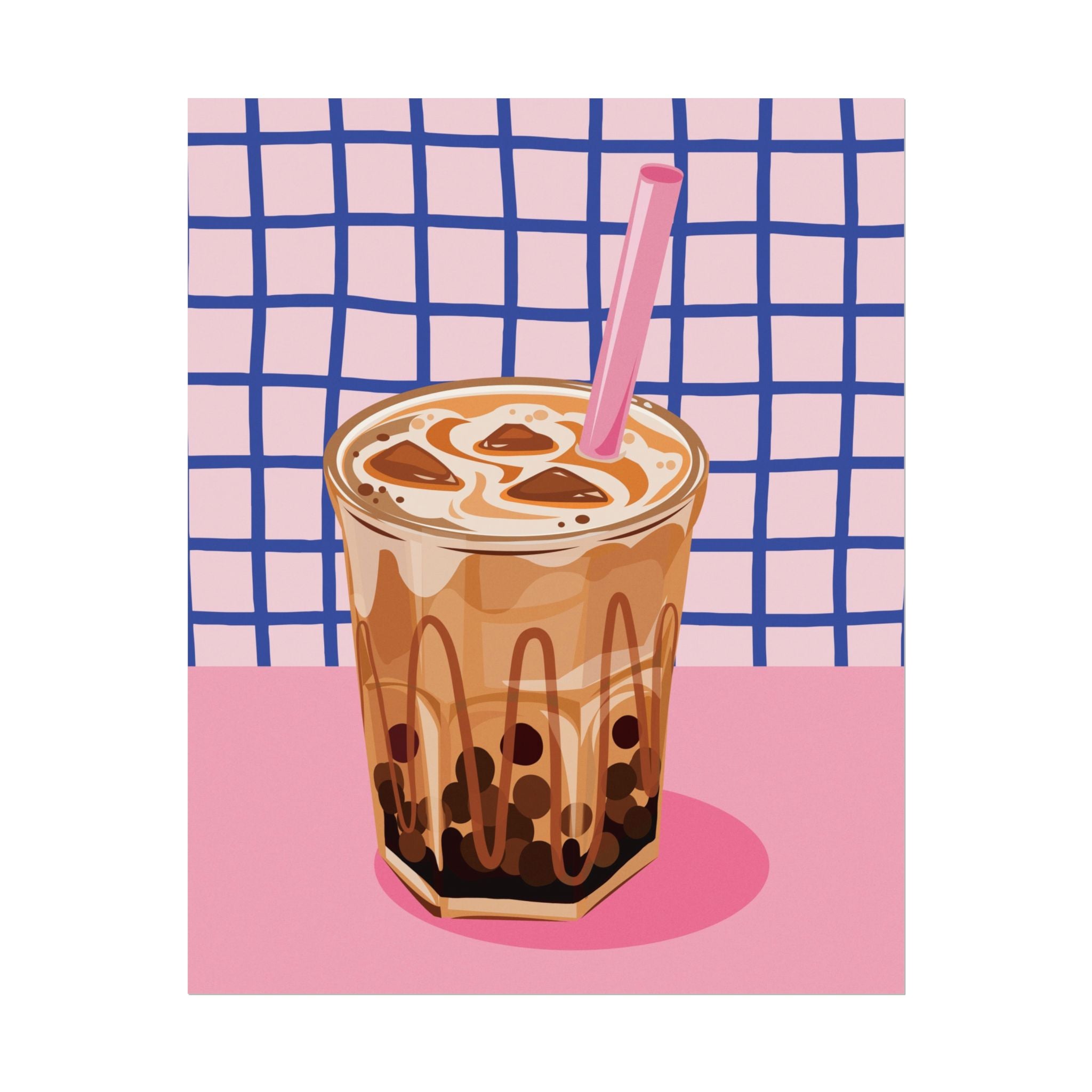 Eclectic Brown Sugar Boba Tea Poster, Retro Pink & Blue Coffee Wall Poster