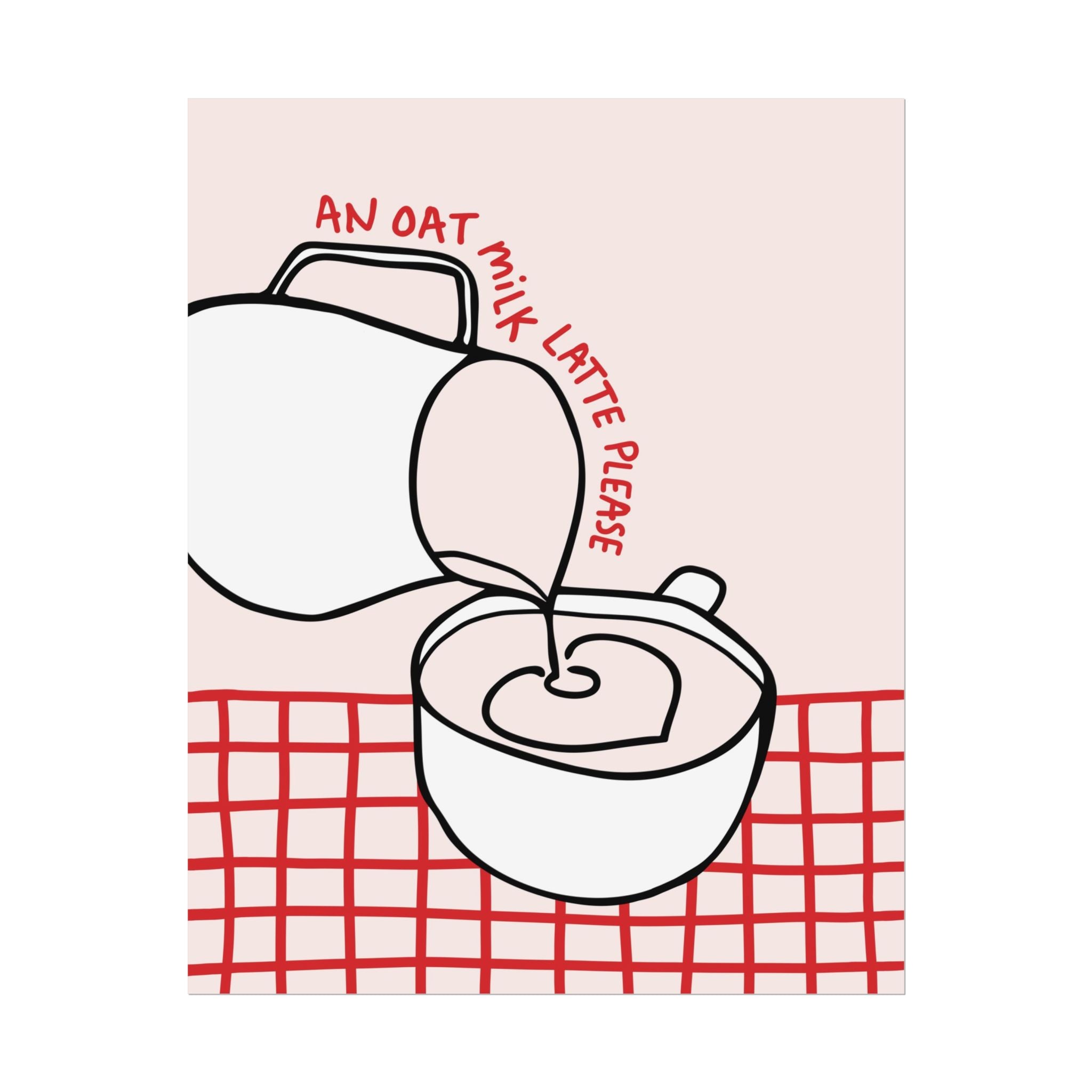 An Oat Milk Latte Please Poster, Coffee Red & Pink Retro Latte Wall Art Print