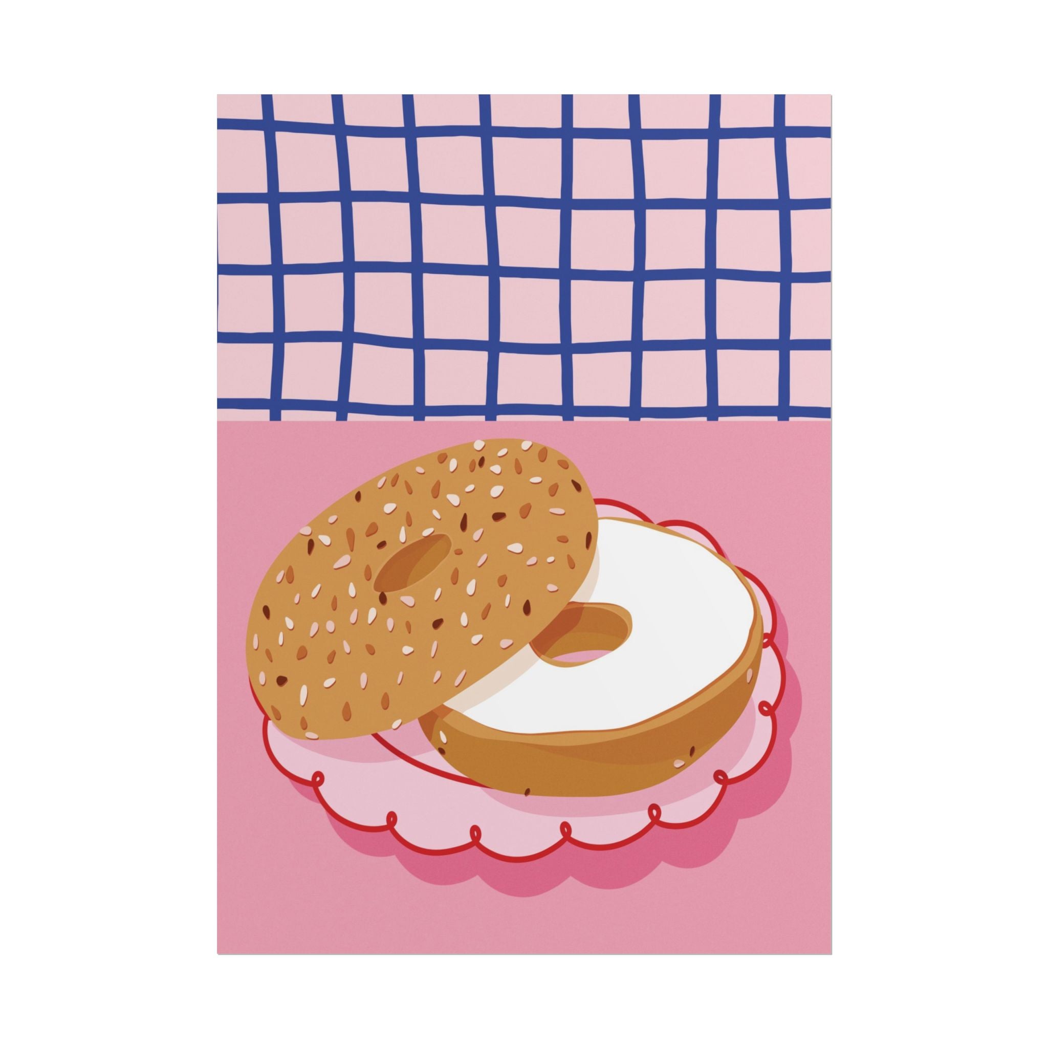 Eclectic Bagel Cream Cheese Poster, Retro Pink & Blue Breakfast Wall Poster