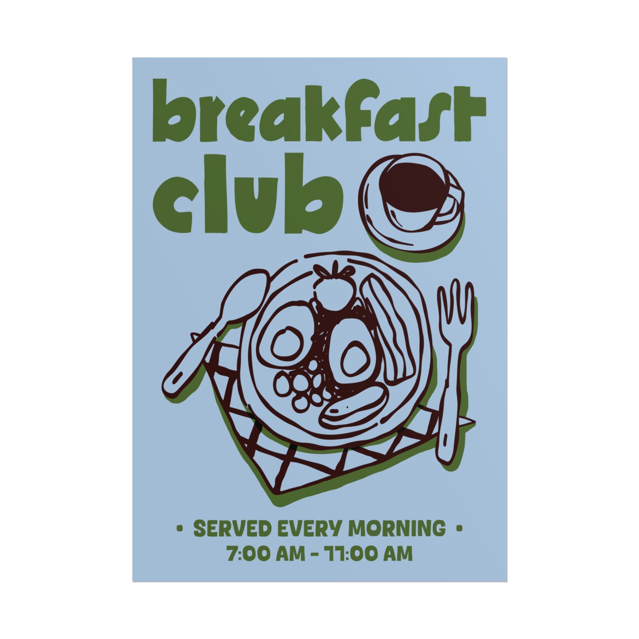 Doodle Breakfast Club Poster, Food & Coffee Blue, Green, Brown Wall Art Print