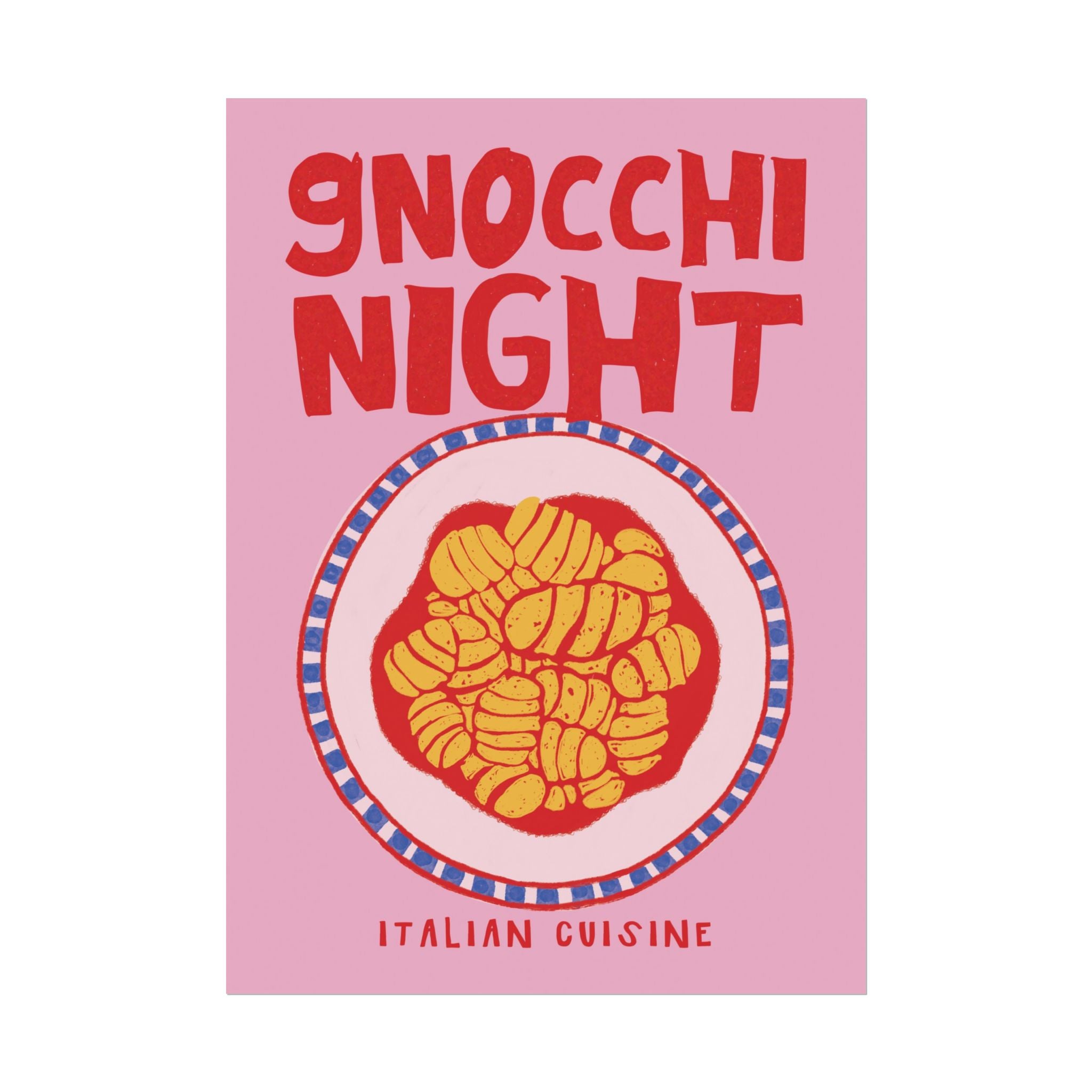 Retro Gnocchi Night Illustration Poster, Girl Dinner Pink & Red Wall Print