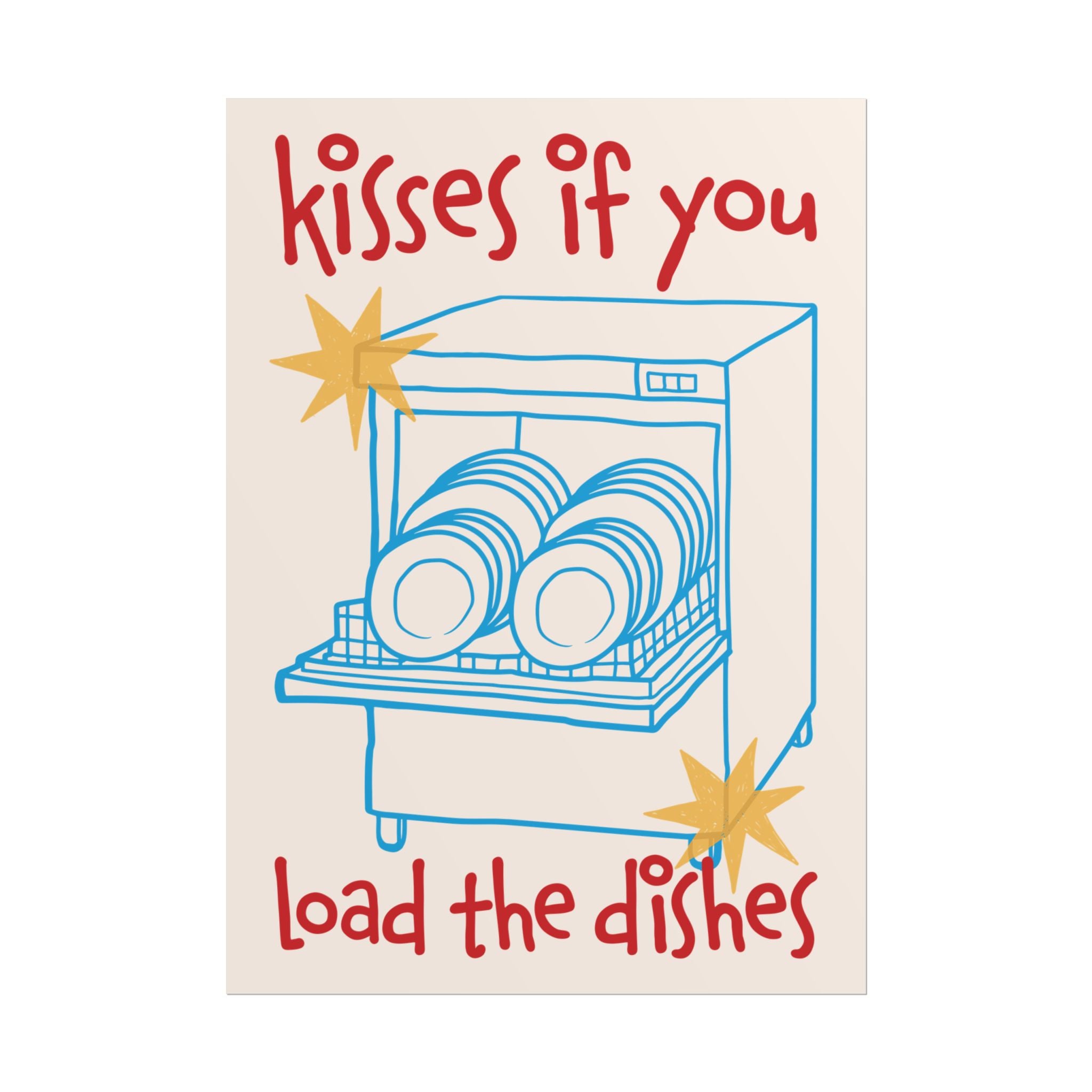 Kisses If You Load The Dishes Dishwasher Poster, Blue Red Kitchen Art Print