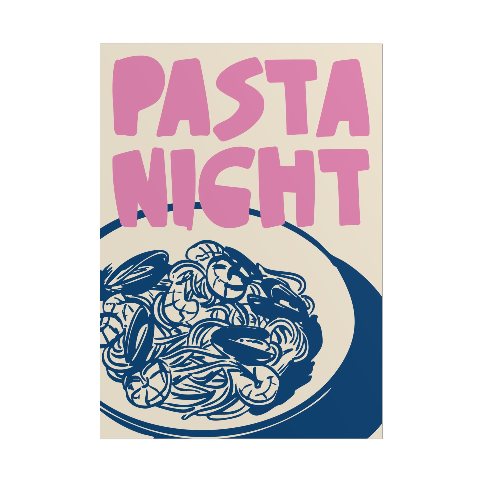 Pasta Night Silhouette Poster, Girl Dinner, Italian Food Pink Blue Wall Art Print