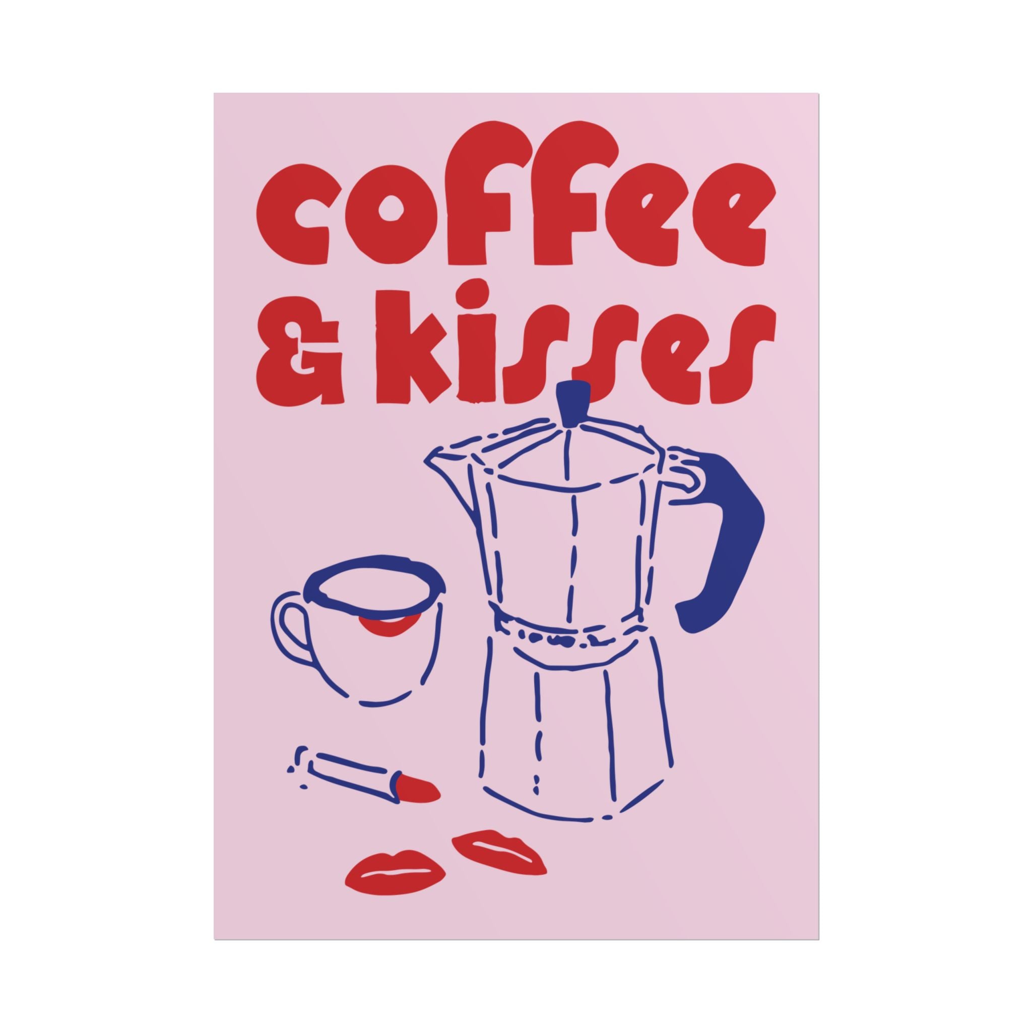 Funky Coffee & Kisses Doodle Poster, Blue Red Caffeine Wall Art Print