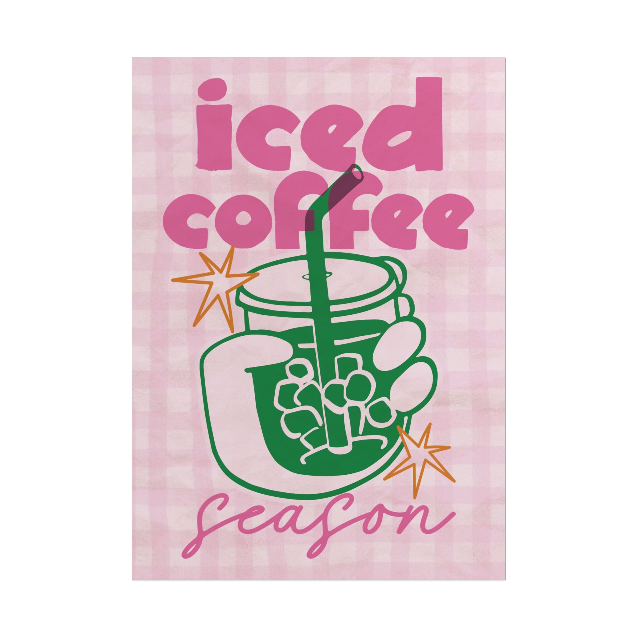 Iced Coffee Season Poster, Eclectic Pink, Green Coffeebar Corner Print