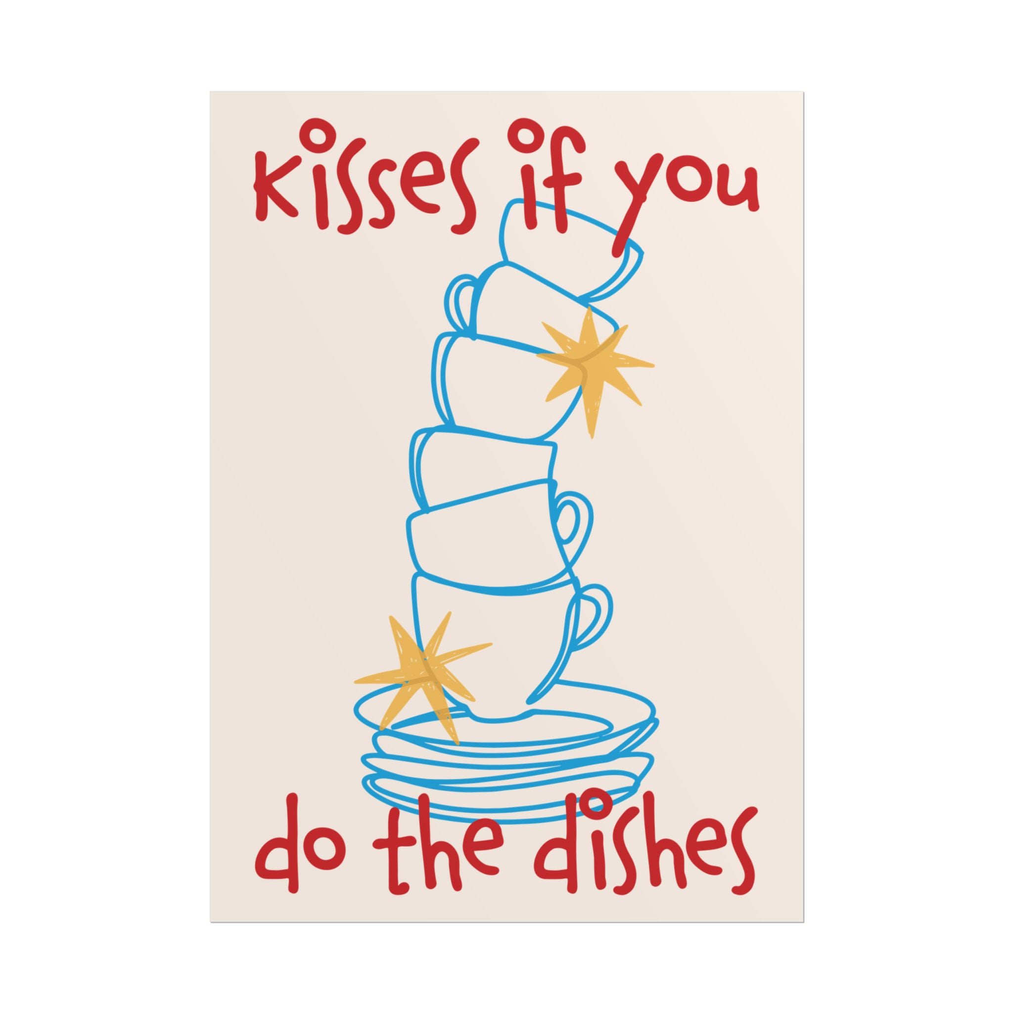 Kisses If You Do The Dishes Mugs & Bowls Poster, Blue Red Kitchen Art Print