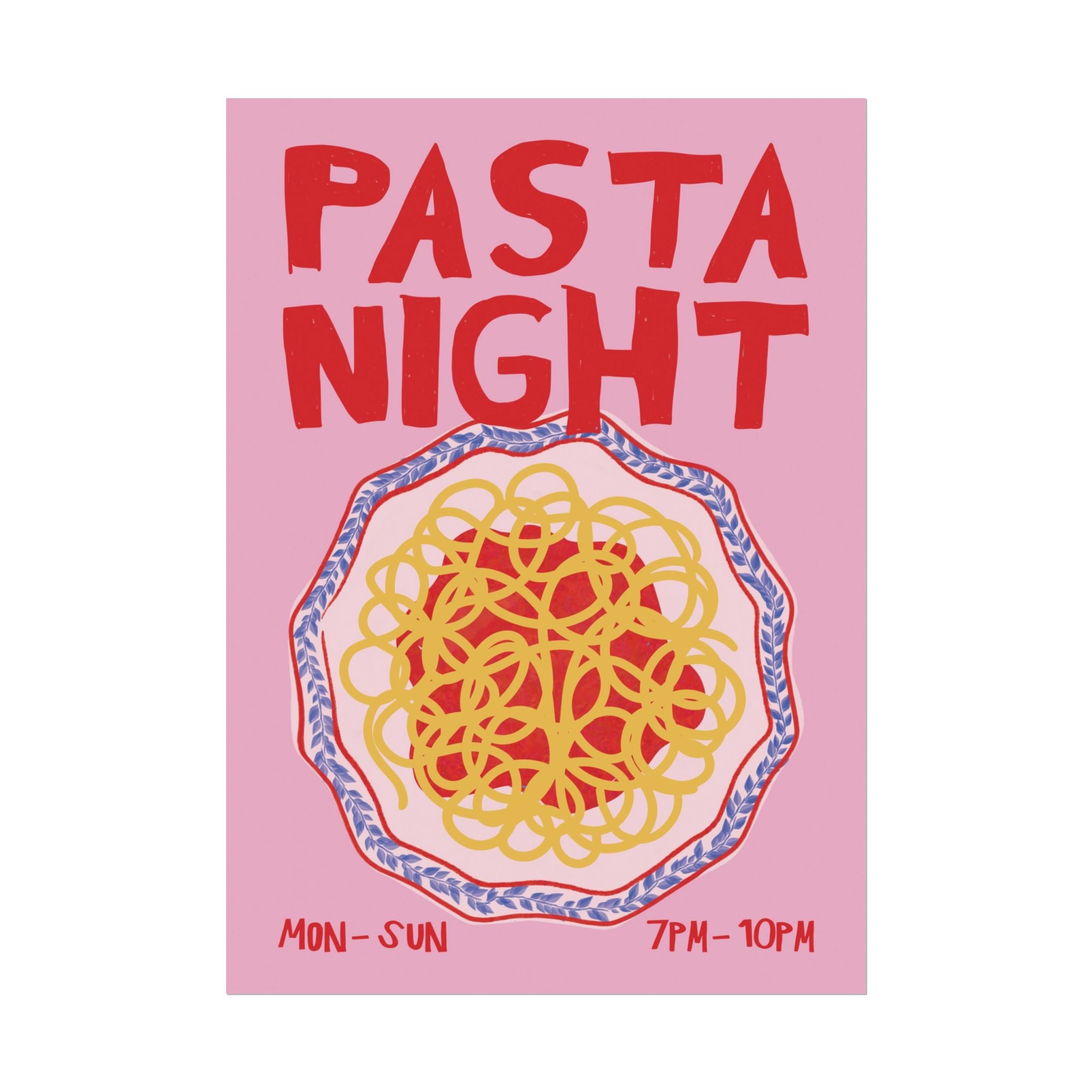 Retro Pasta Night Illustration Poster, Girl Dinner, Italian Food Wall Art Print