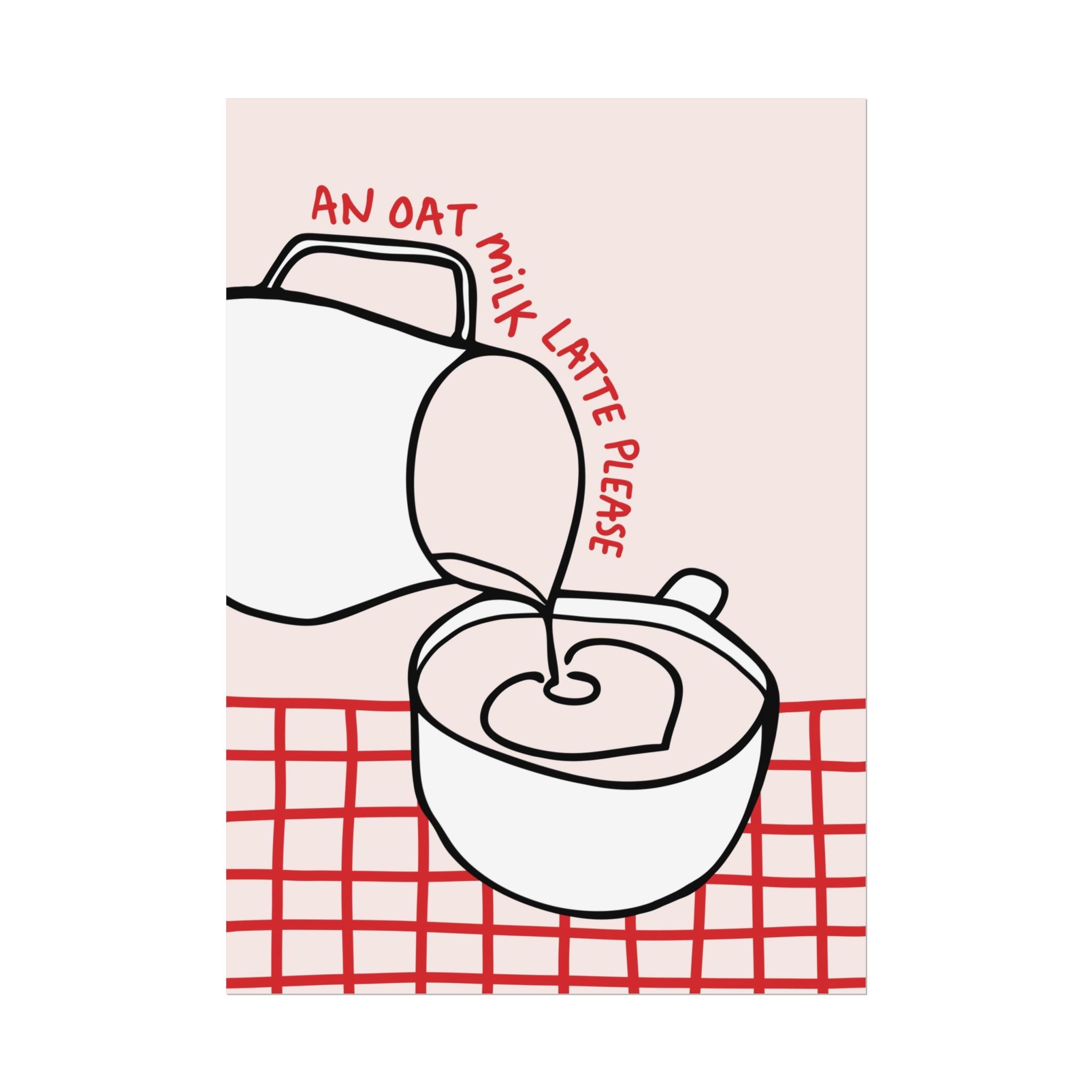 An Oat Milk Latte Please Poster, Coffee Red & Pink Retro Latte Wall Art Print