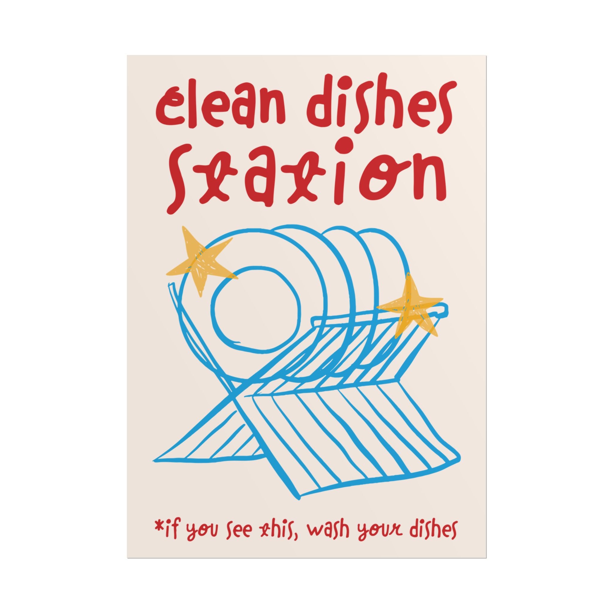 Clean Dishes Station, Wash Your Plates Poster, Blue Red Kitchen Art Print