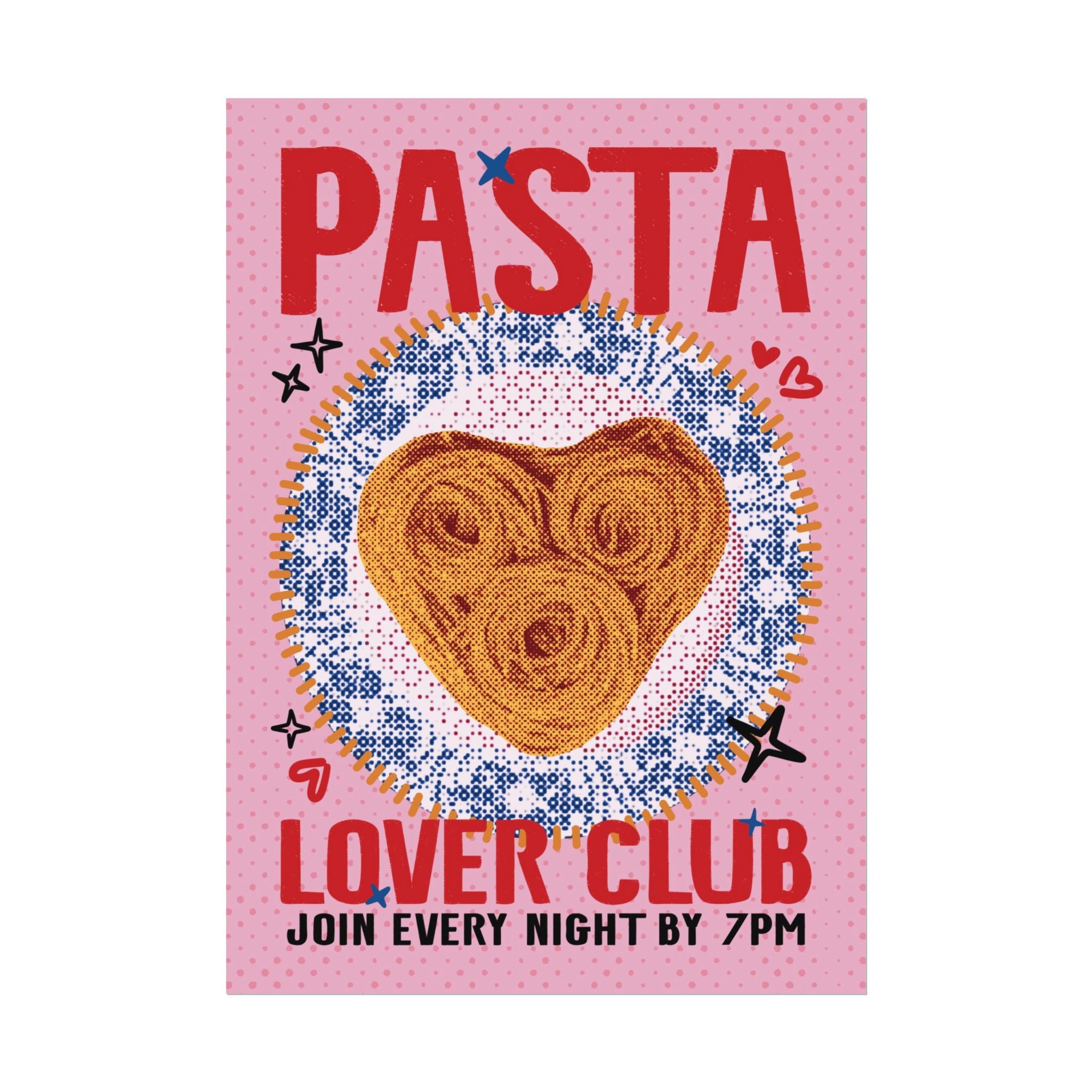 Halftone Pasta Lover Club Poster, Heart Retro Spaghetti Wall Art Print