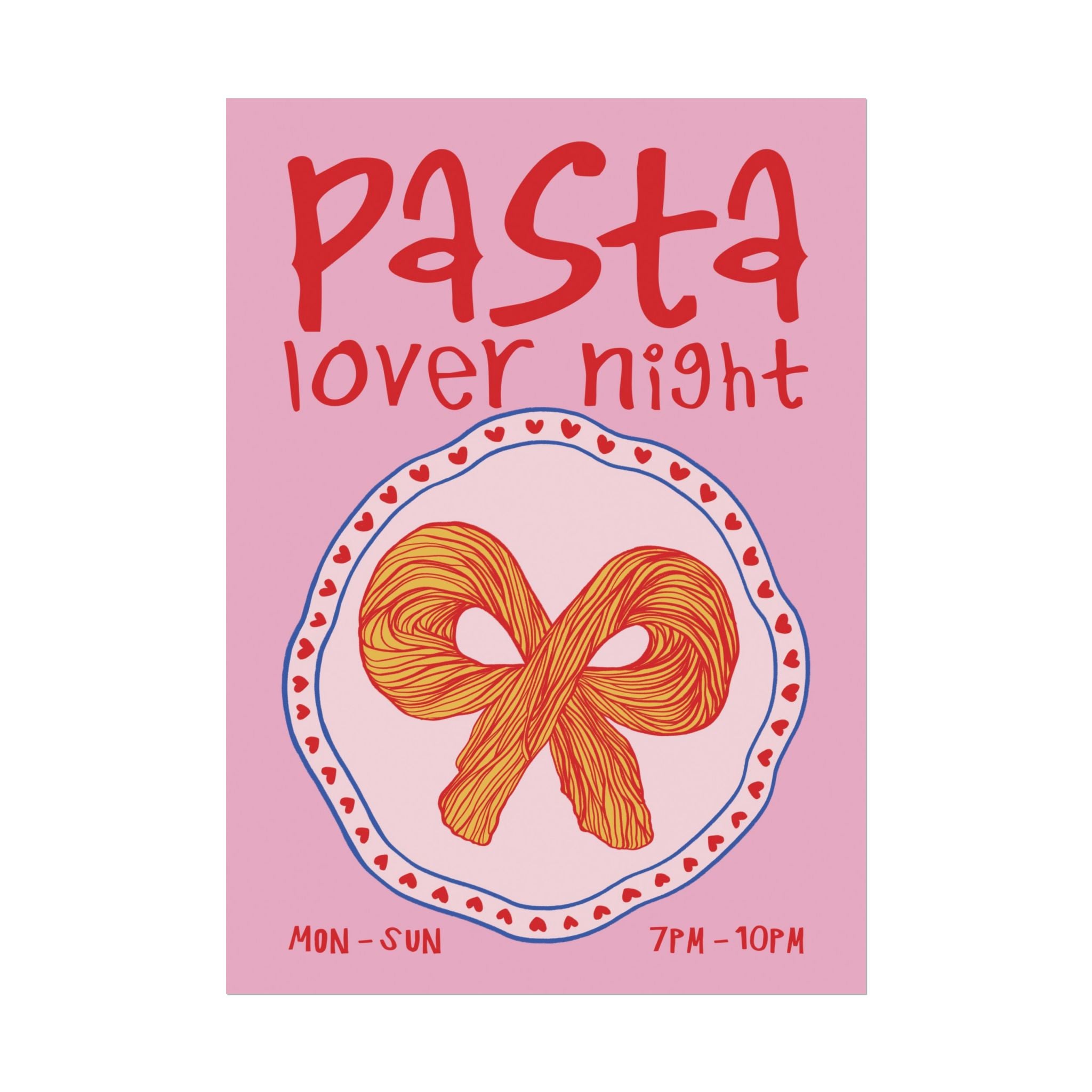 Retro Coquette Pasta Night Illustration Poster, Girl Dinner Bow Wall Print