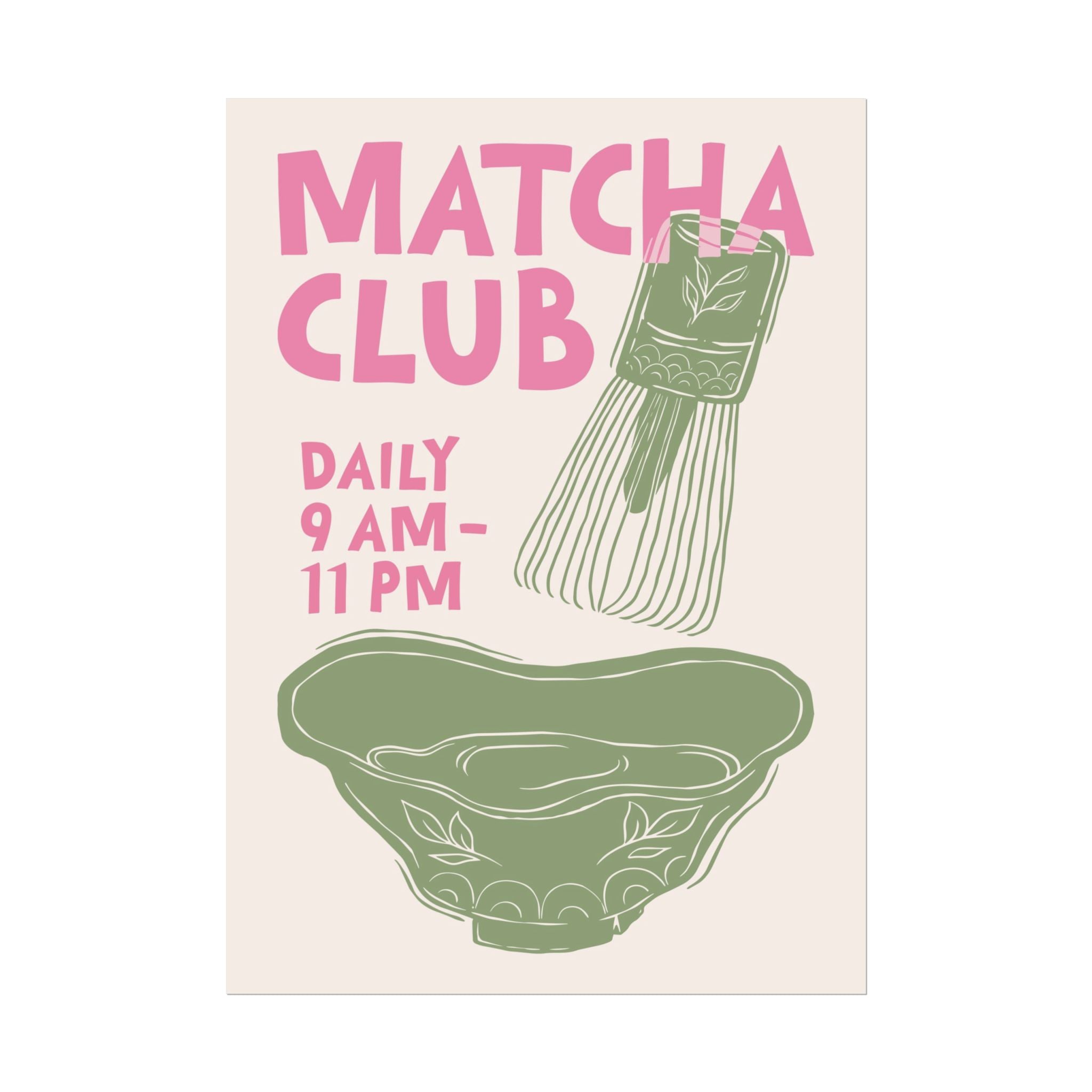 Abstract Matcha Club Pink Green Poster, Coffee Kit Whisk & Bowl Wall Print