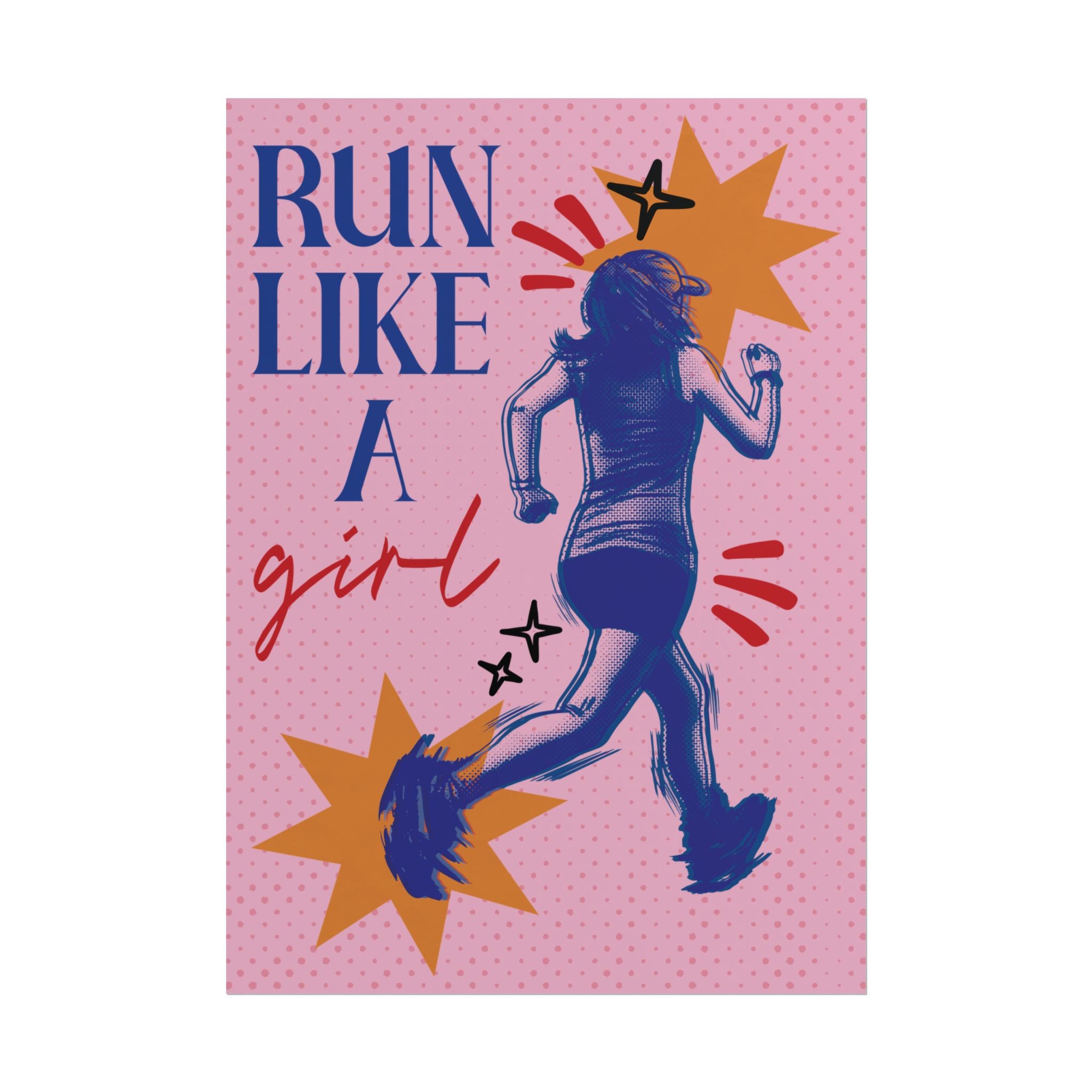 Halftone Run Like A Girl Poster, Blue, Pink Eclectic, Feminist Wall Art Print