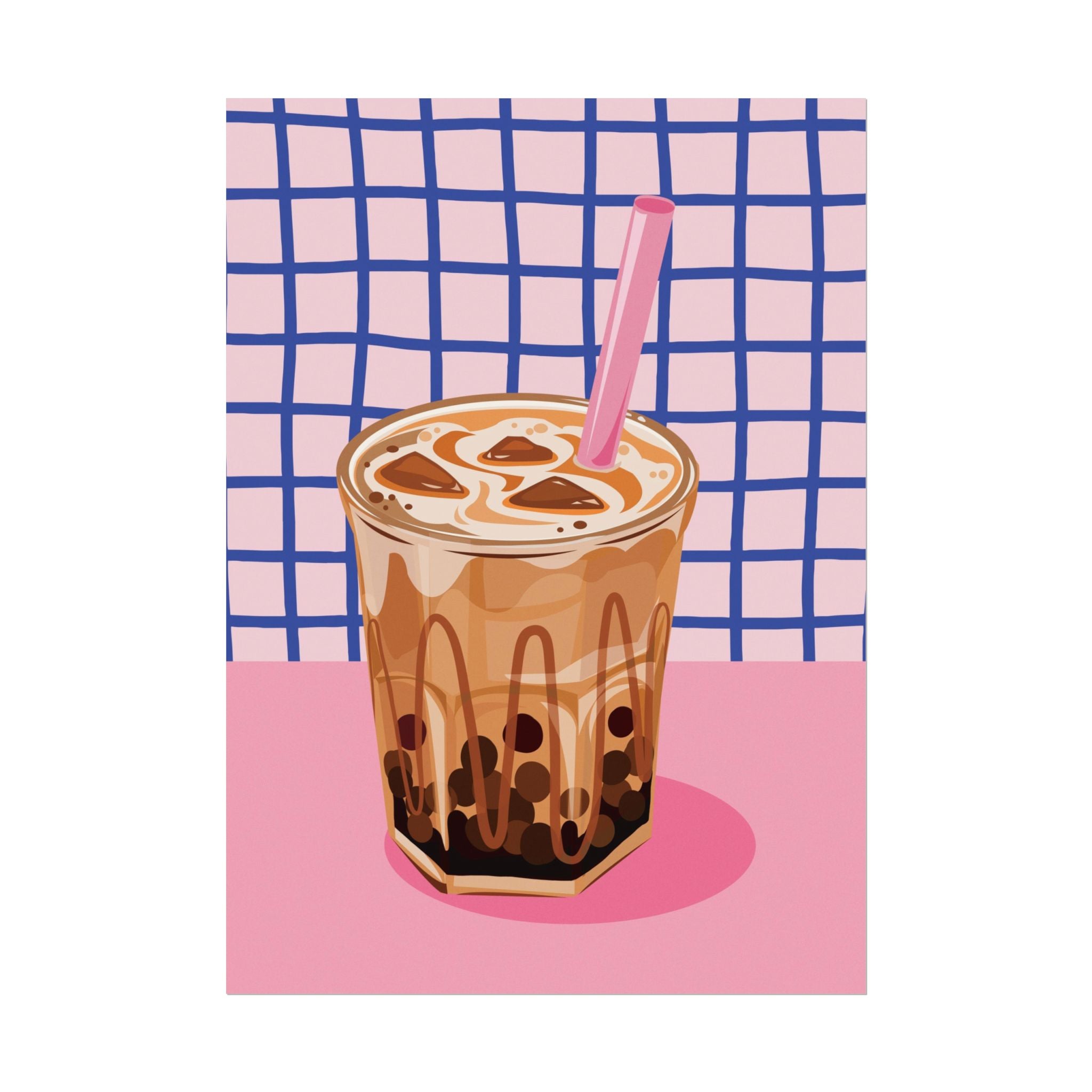 Eclectic Brown Sugar Boba Tea Poster, Retro Pink & Blue Coffee Wall Poster