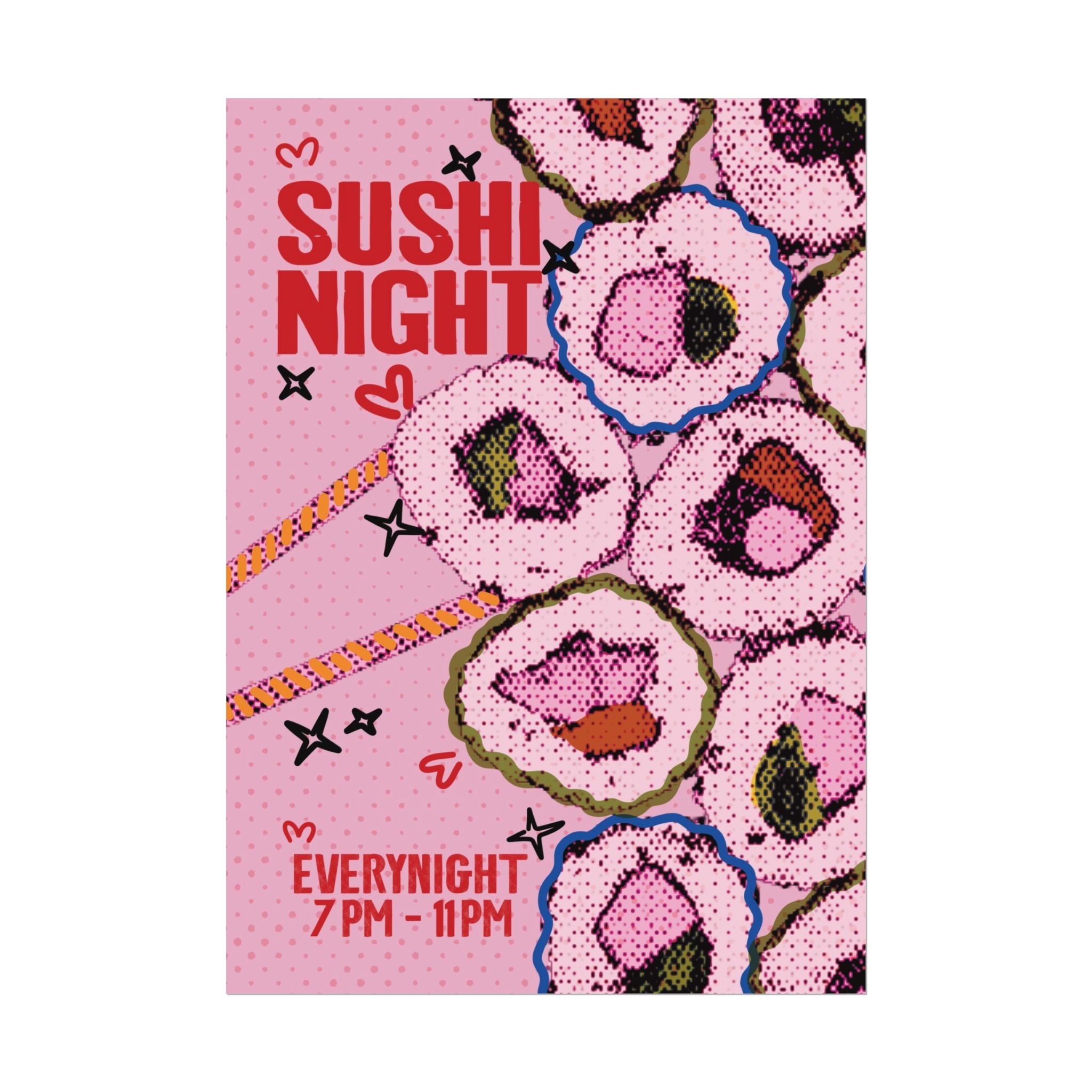 Halftone Sushi Night Poster, Vintage, Retro Food Wall Art Print