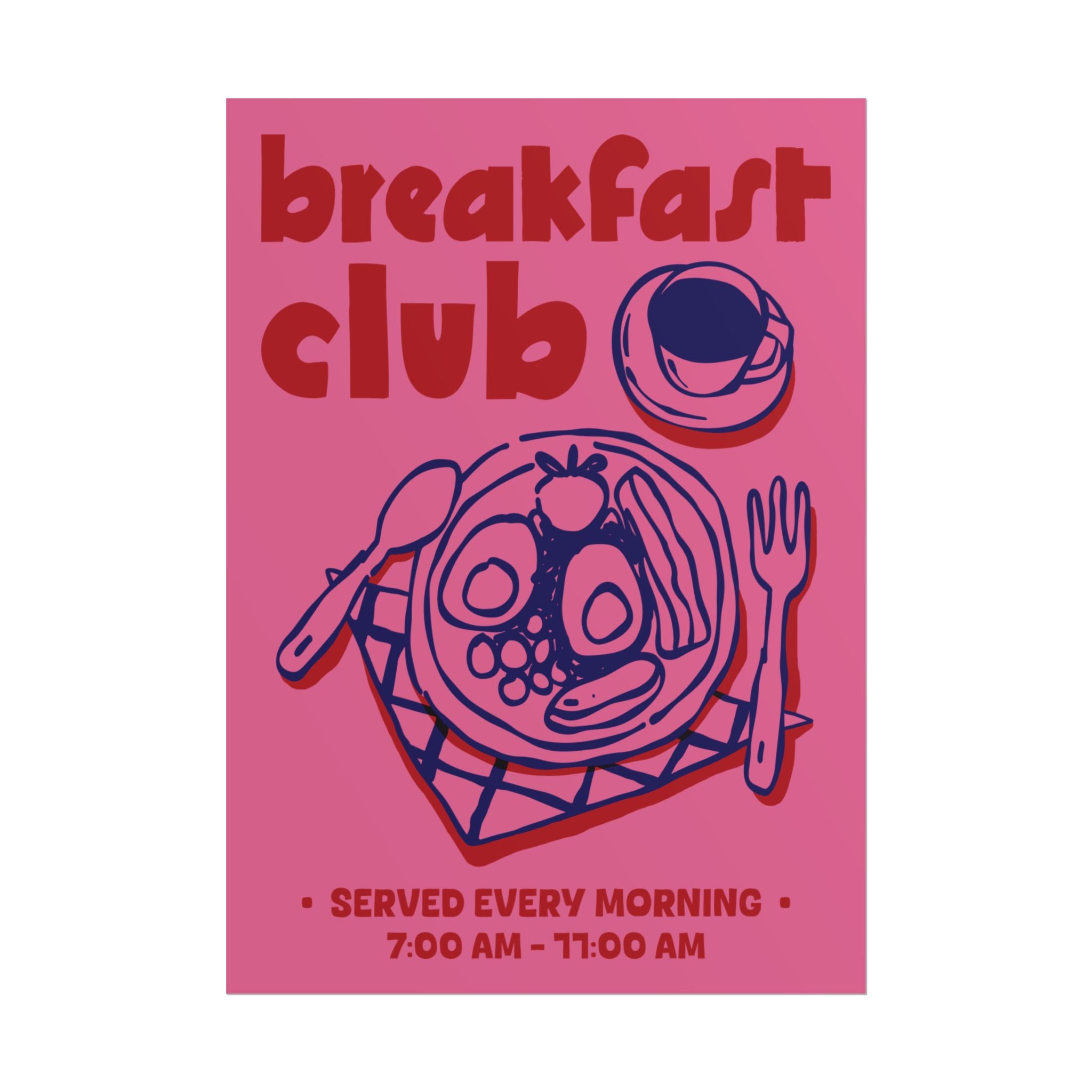 Doodle Breakfast Club Poster, Food & Coffee Pink, Red, Blue Wall Art Print