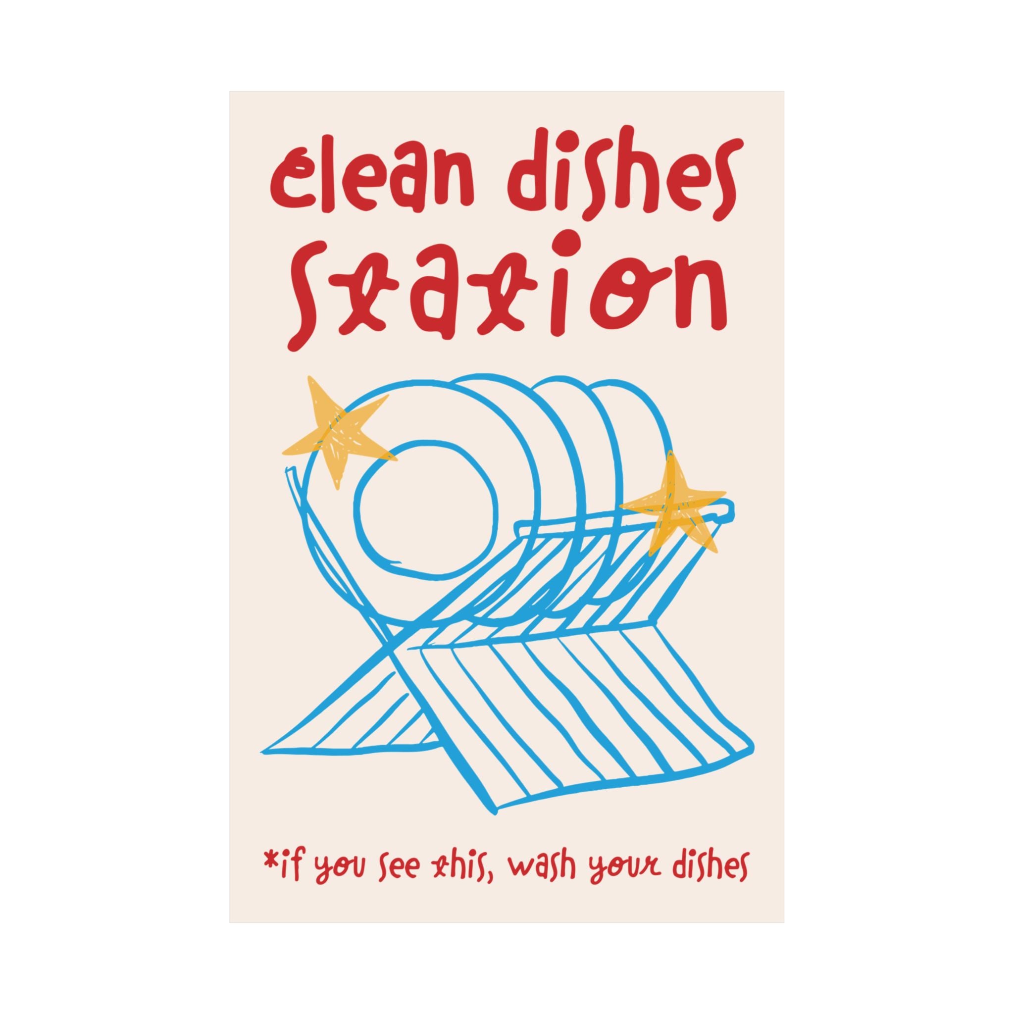 Clean Dishes Station, Wash Your Plates Poster, Blue Red Kitchen Art Print