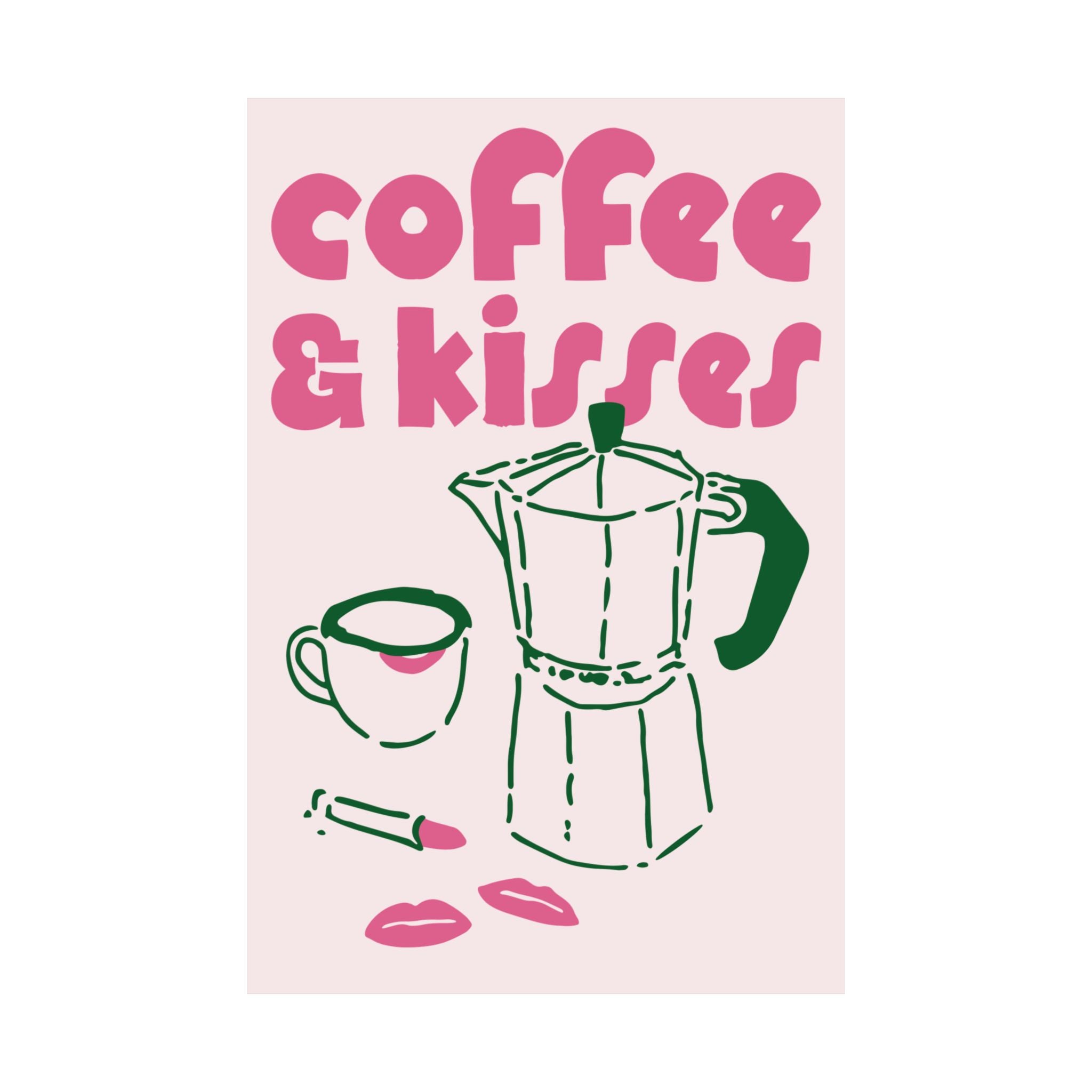 Funky Coffee & Kisses Doodle Poster, Green Pink Caffeine Wall Art Print