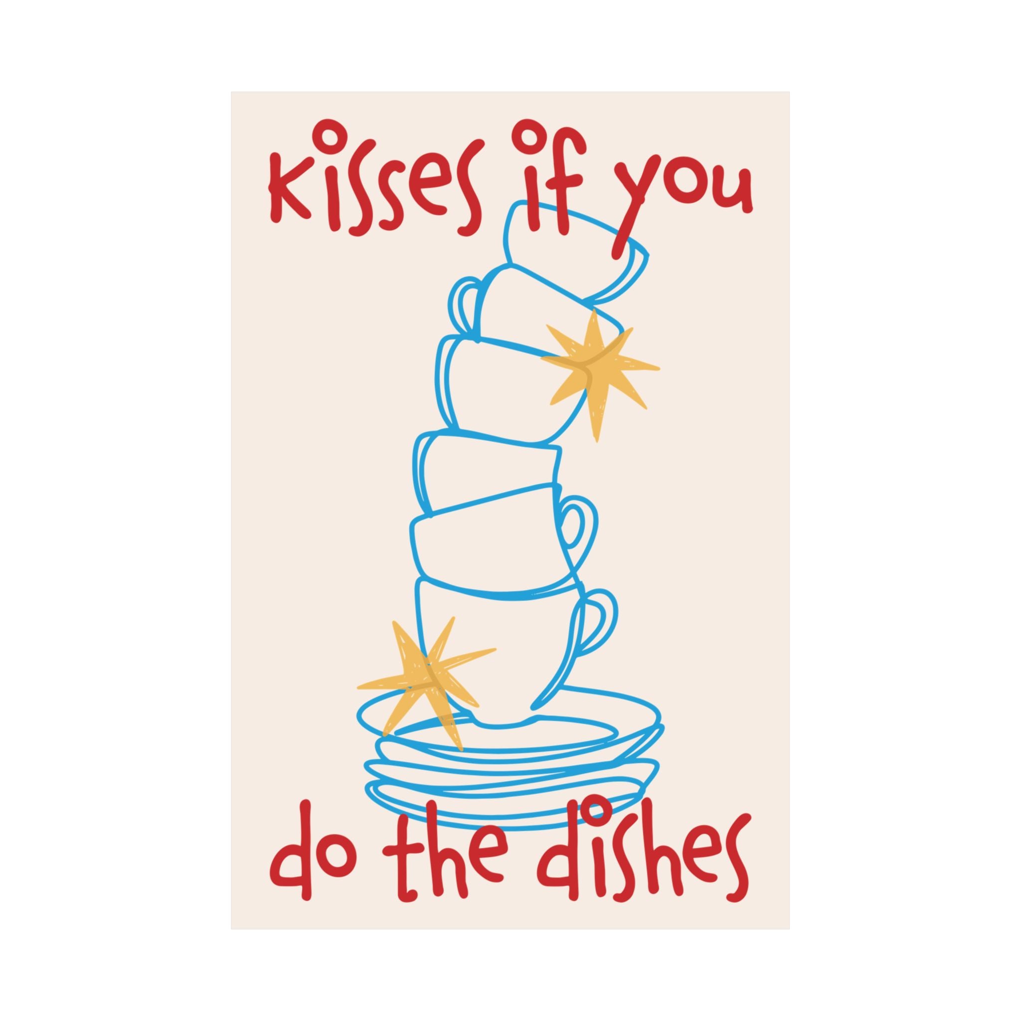 Kisses If You Do The Dishes Mugs & Bowls Poster, Blue Red Kitchen Art Print