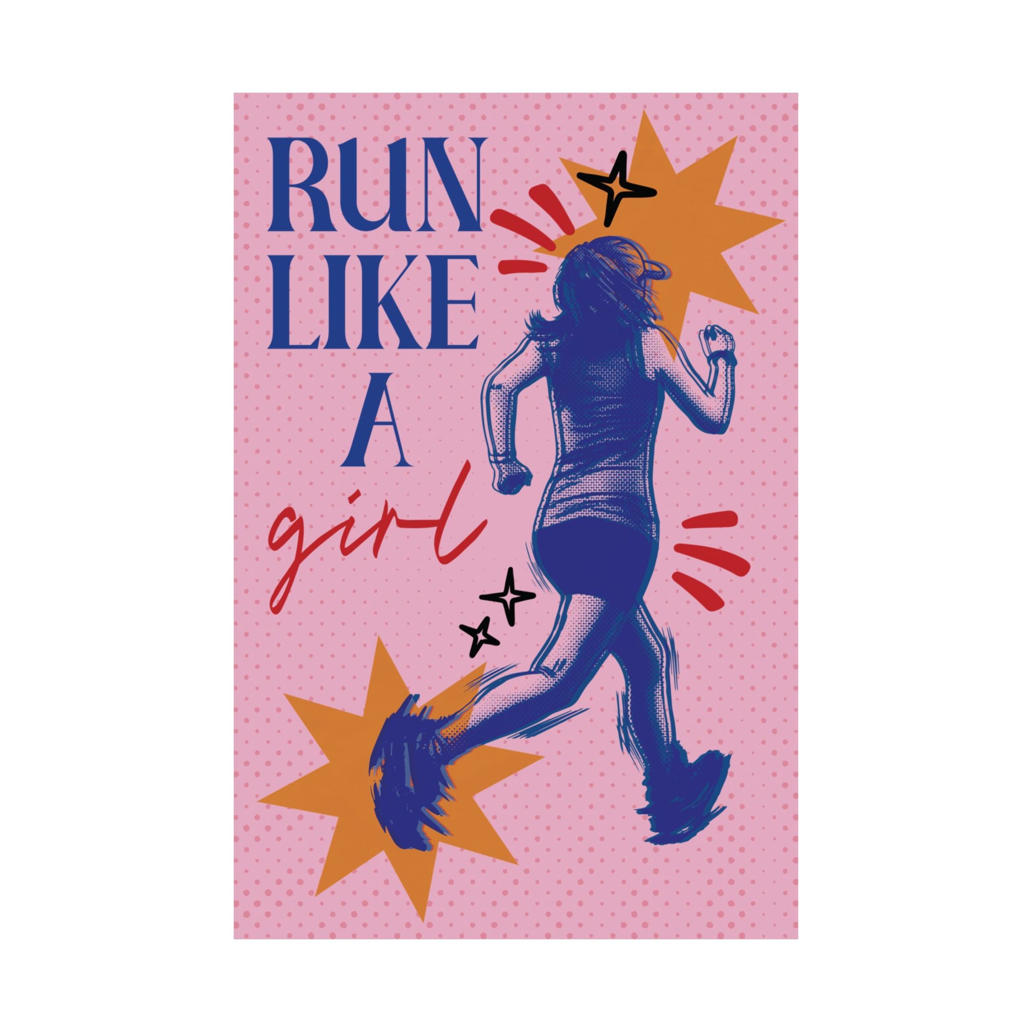 Halftone Run Like A Girl Poster, Blue, Pink Eclectic, Feminist Wall Art Print