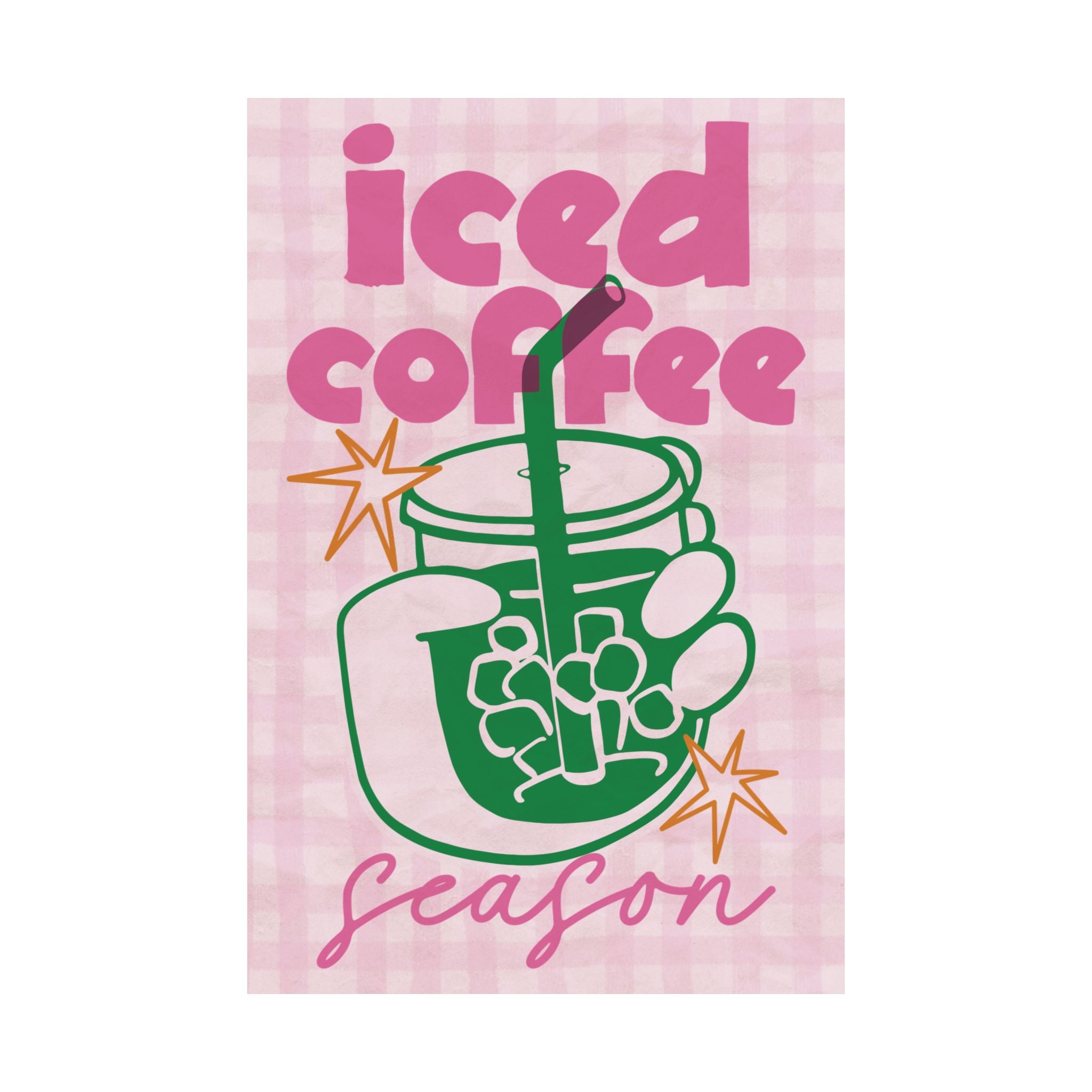 Iced Coffee Season Poster, Eclectic Pink, Green Coffeebar Corner Print