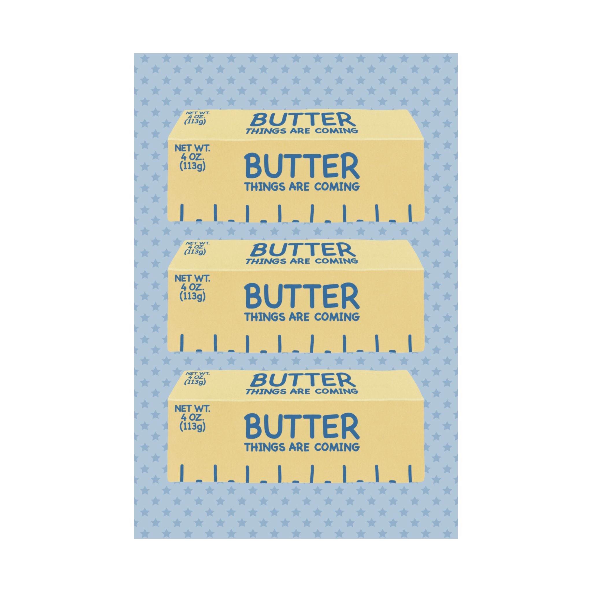 Butter Things Are Coming Illustration Poster, Blue Yellow Retro Eclectic Food Print