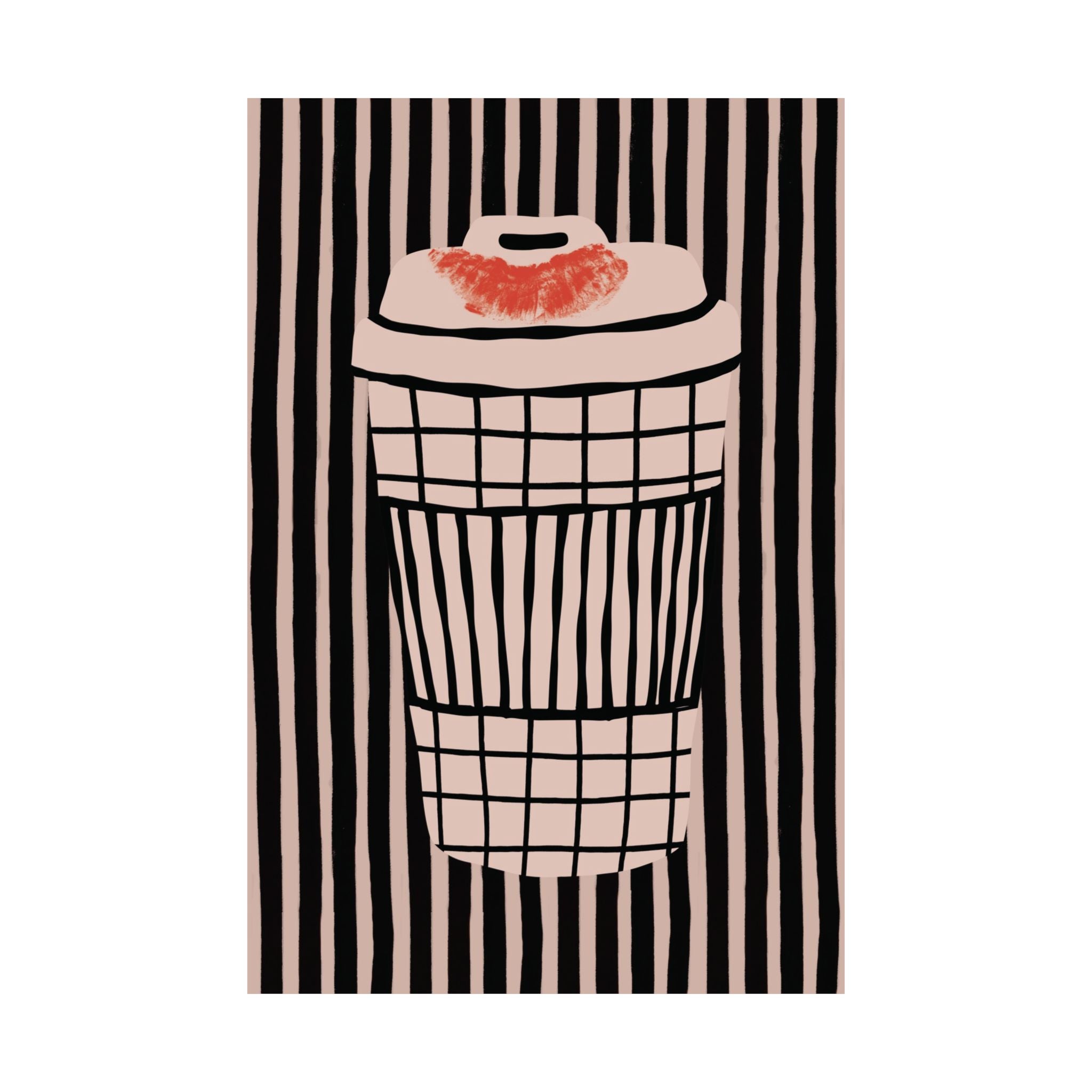 Abstract Coffee Takeaway Cup With Red Lipstick Kiss Stamp Poster, Mixed Patterns Print
