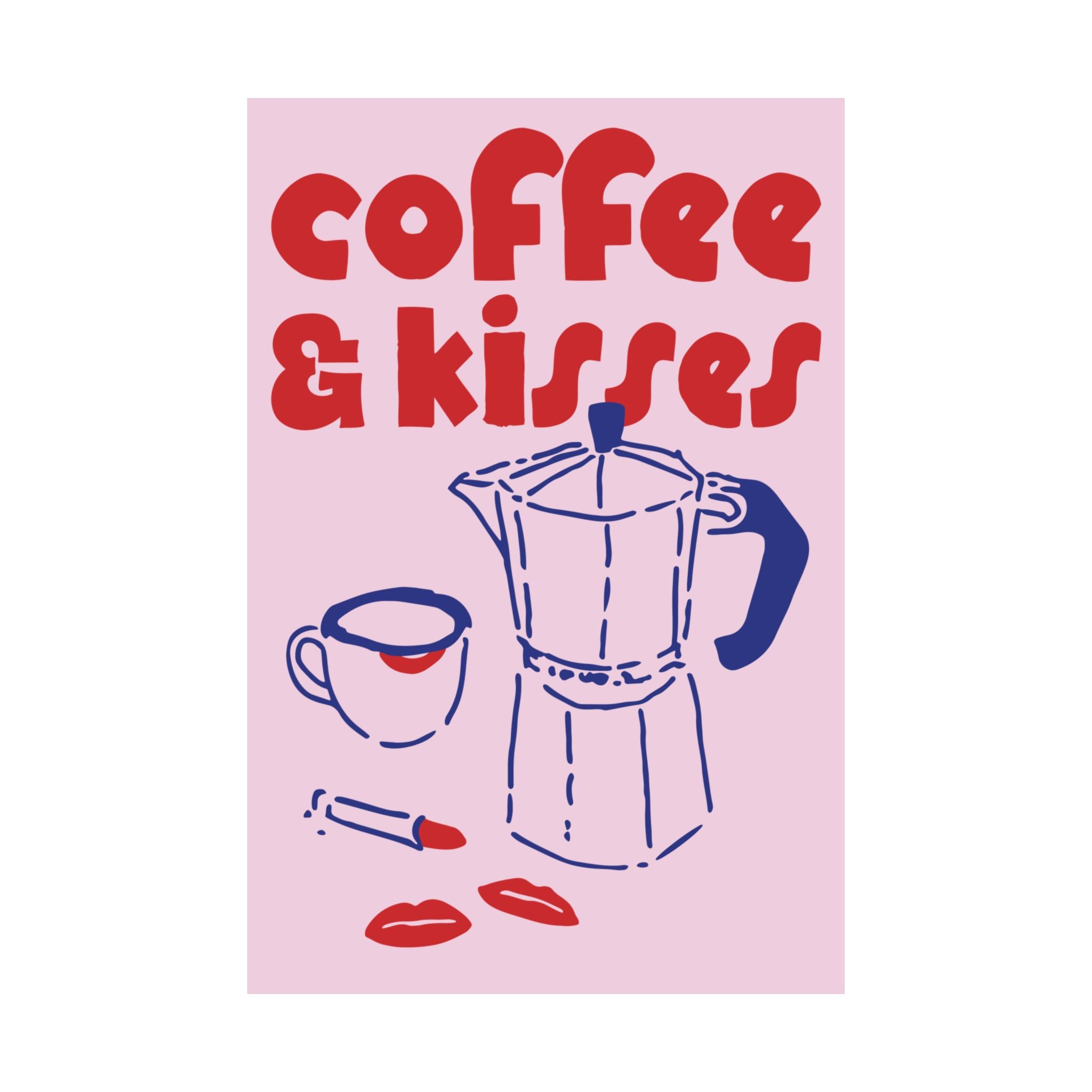 Funky Coffee & Kisses Doodle Poster, Blue Red Caffeine Wall Art Print