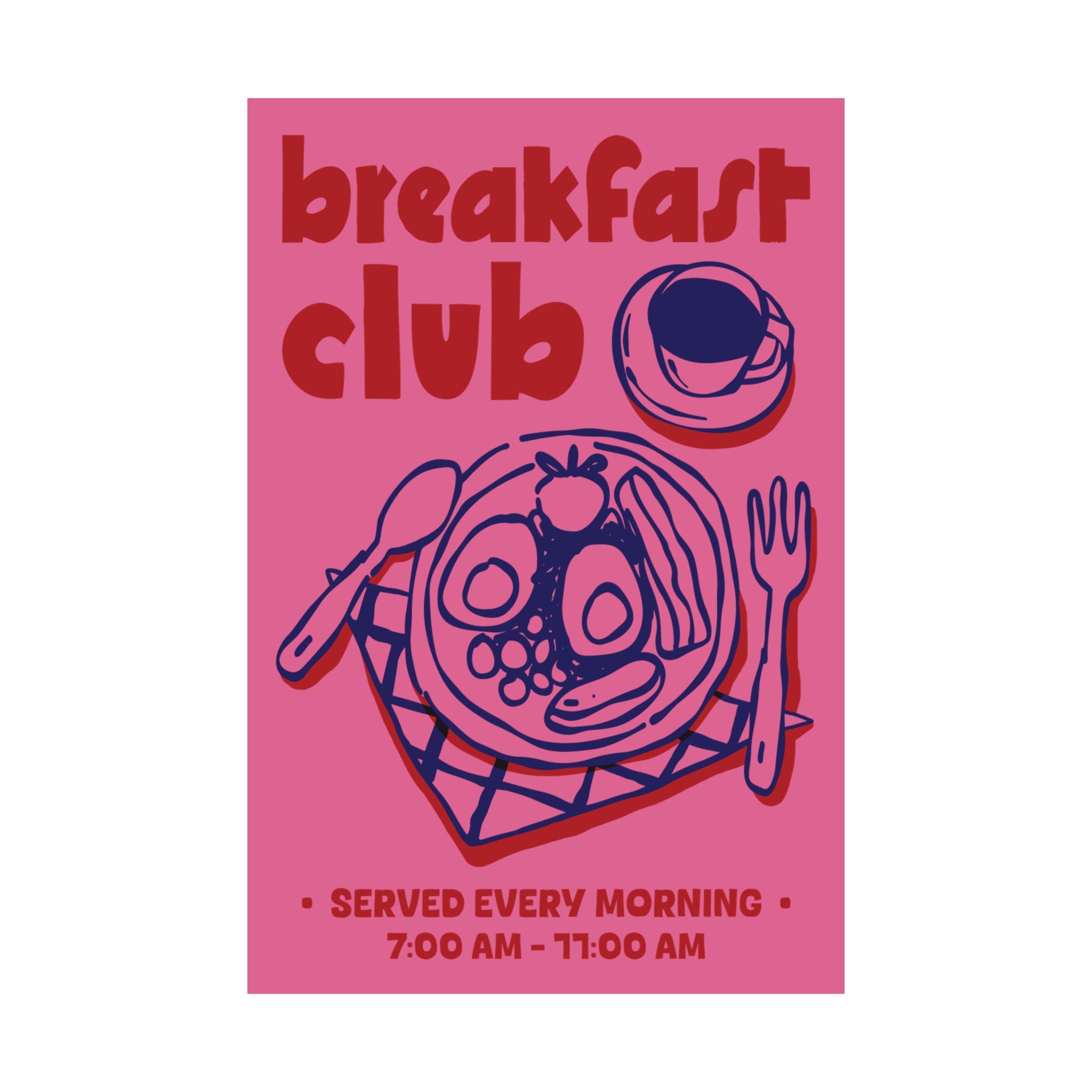 Doodle Breakfast Club Poster, Food & Coffee Pink, Red, Blue Wall Art Print