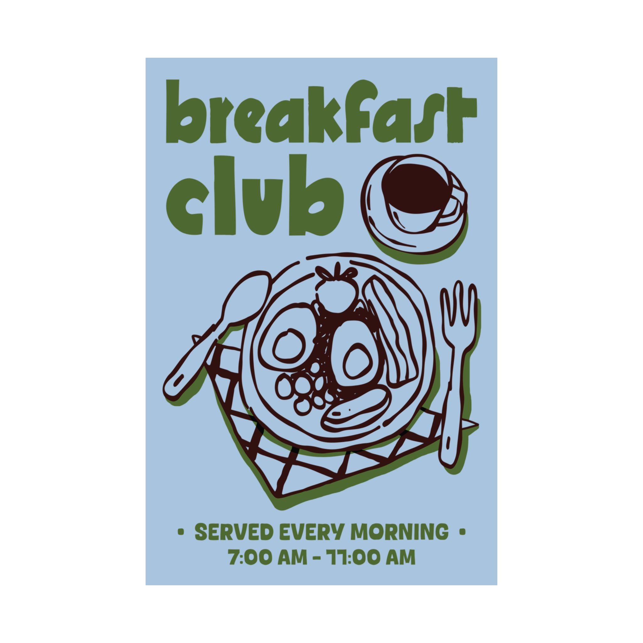 Doodle Breakfast Club Poster, Food & Coffee Blue, Green, Brown Wall Art Print