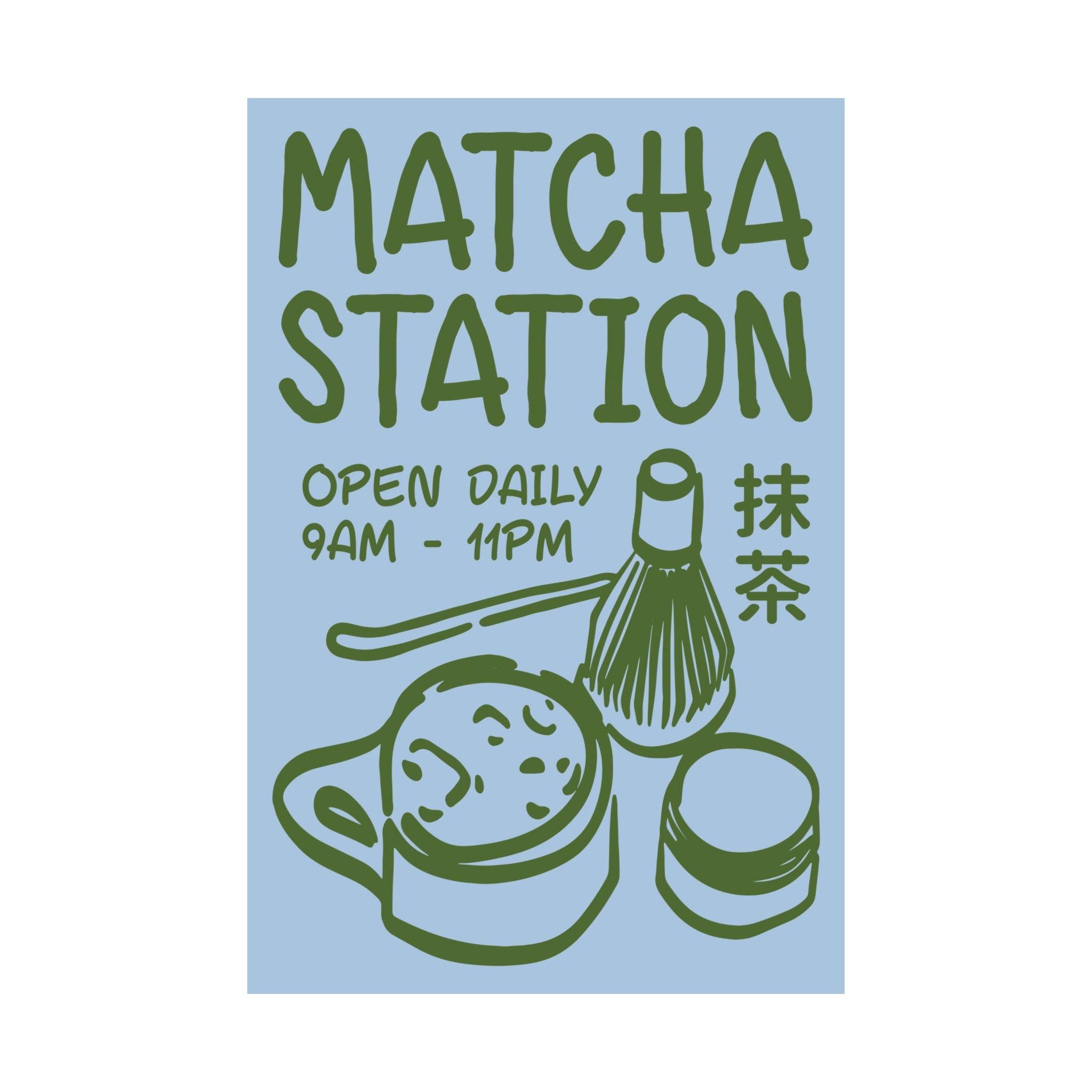 Funky Matcha Station Blue Green Poster, Coffeebar Doodle Print