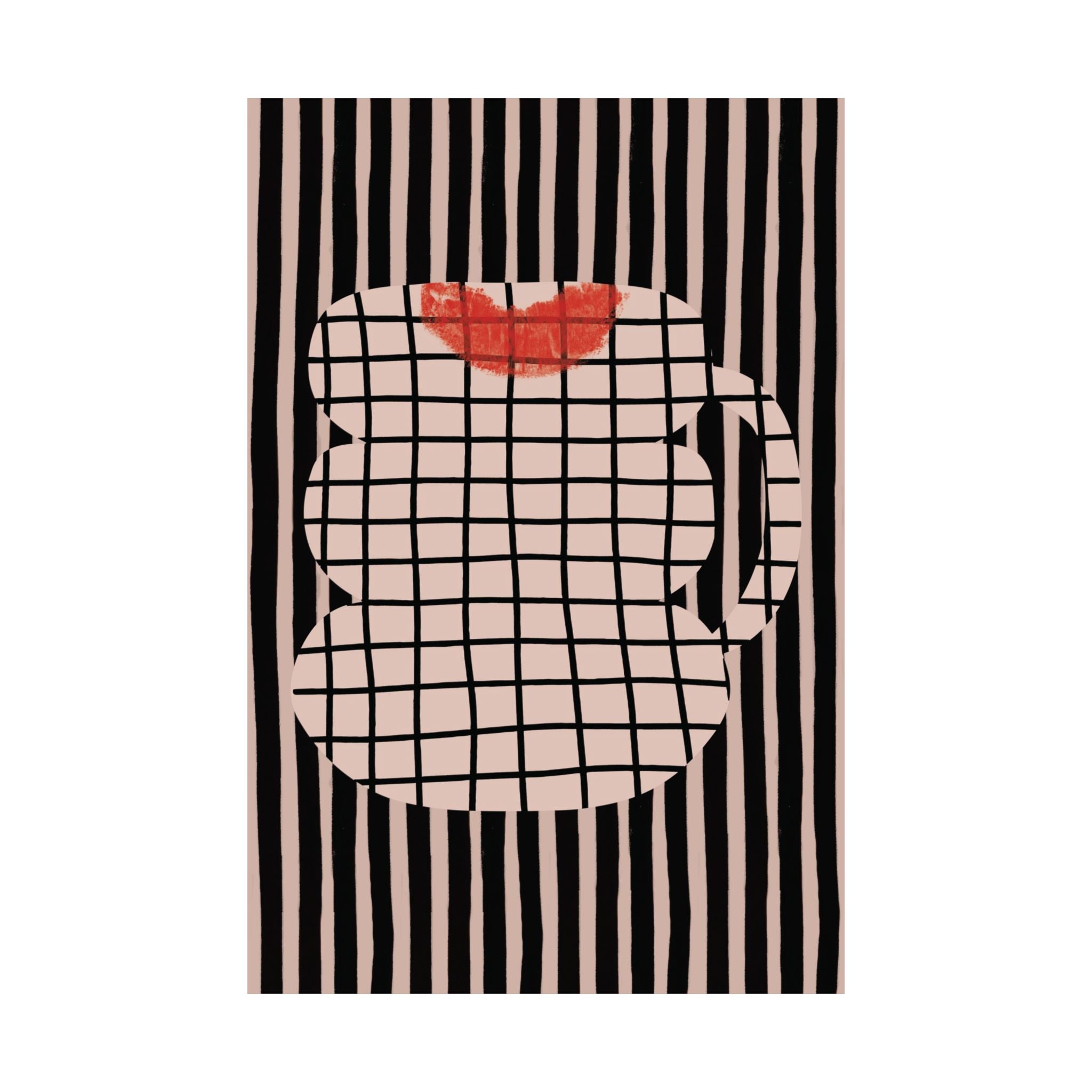 Abstract Coffee Mug With Red Lipstick Kiss Stamp Poster, Mixed Patterns Art Print
