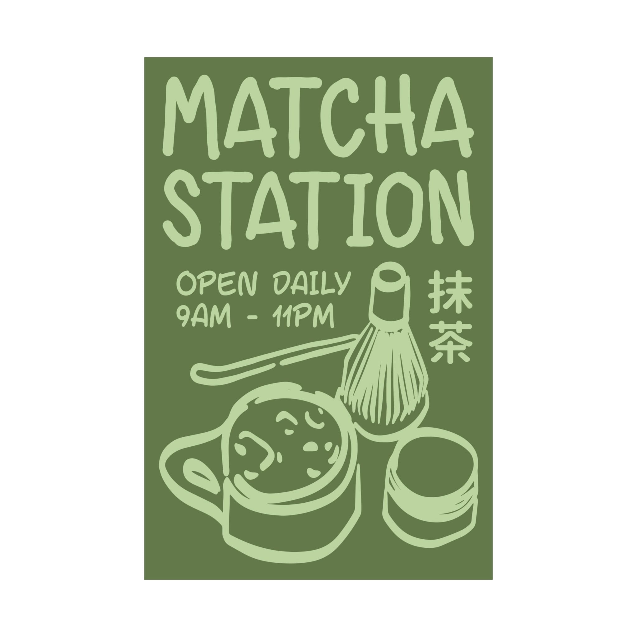 Funky Matcha Station Green Poster, Coffeebar Doodle Wall Art Print