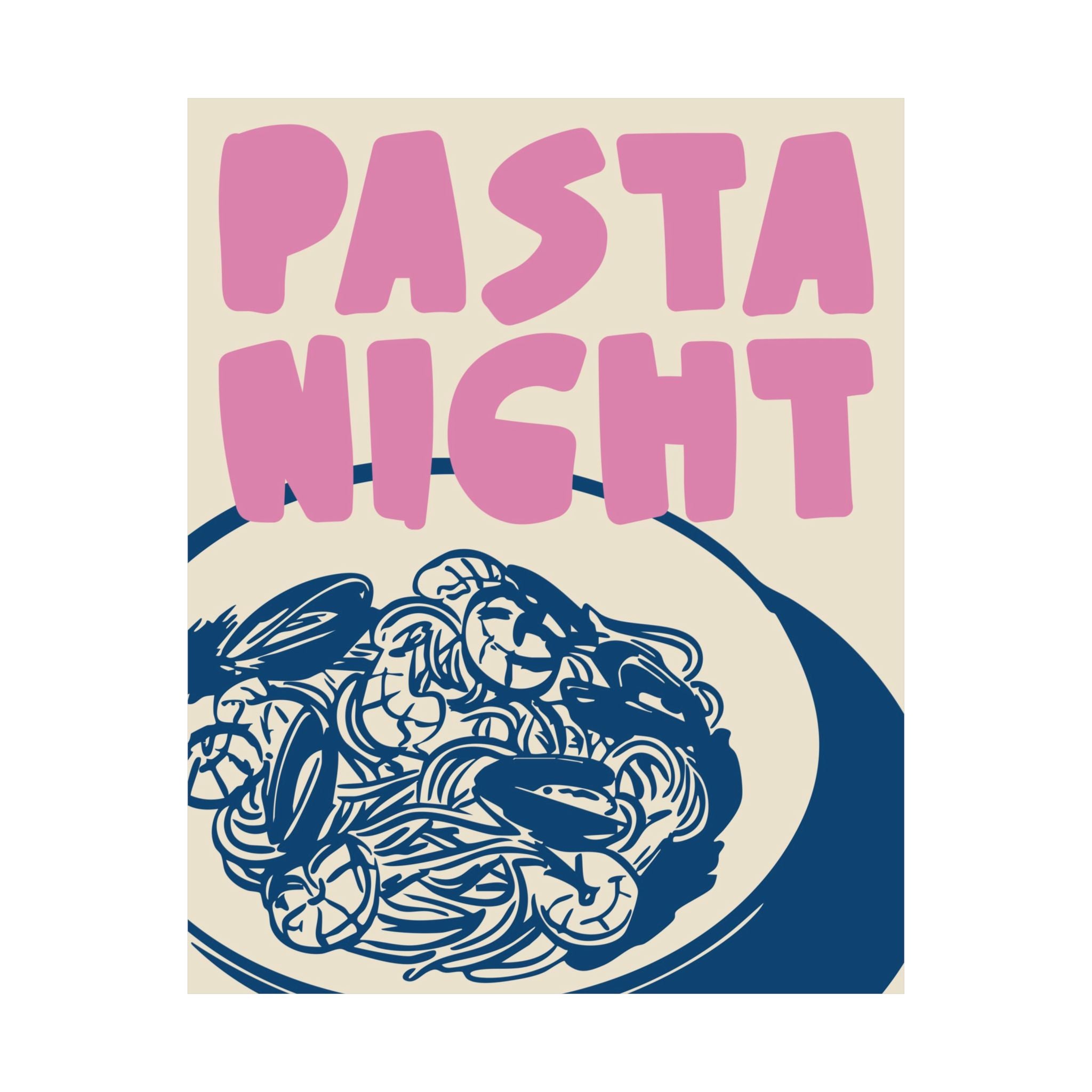 Pasta Night Silhouette Poster, Girl Dinner, Italian Food Pink Blue Wall Art Print